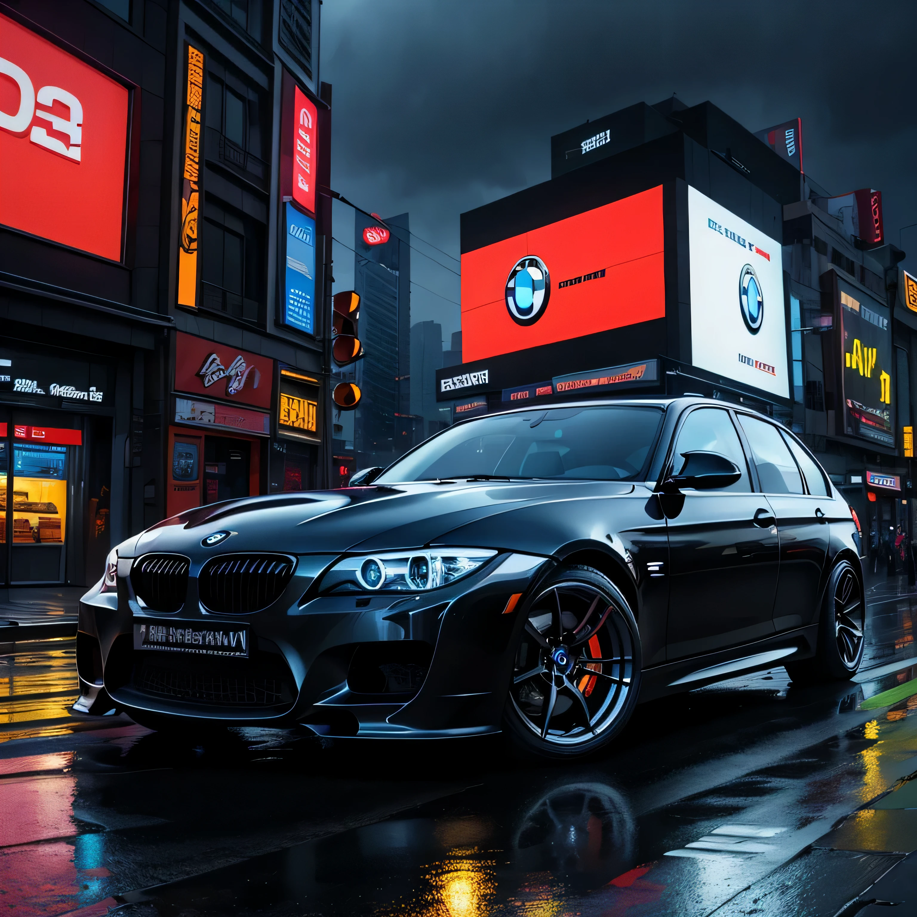 Schwarzer BMW E91 335 Touring Black mit perfekten Proportionen , Eckansicht , Manga-Stil in einer Megastadt mit vielen Neonlichtern und Werbung, bunt, Rainy street, dramatische Beleuchtung