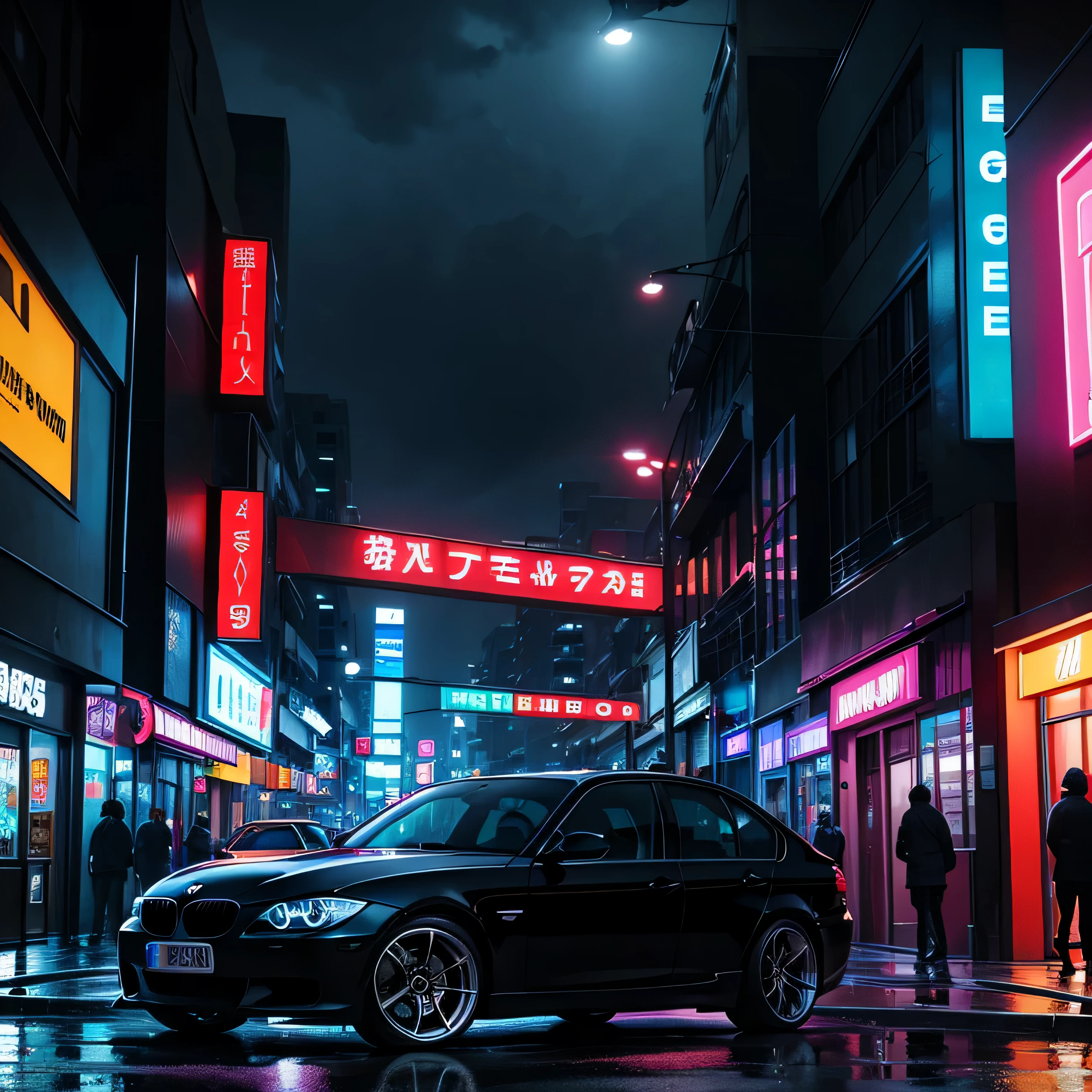 Schwarzer BMW E91 335 Touring Black mit perfekten Proportionen , Eckansicht , Manga-Stil in einer Megastadt mit vielen Neonlichtern und Werbung, bunt, Rainy street, dramatische Beleuchtung