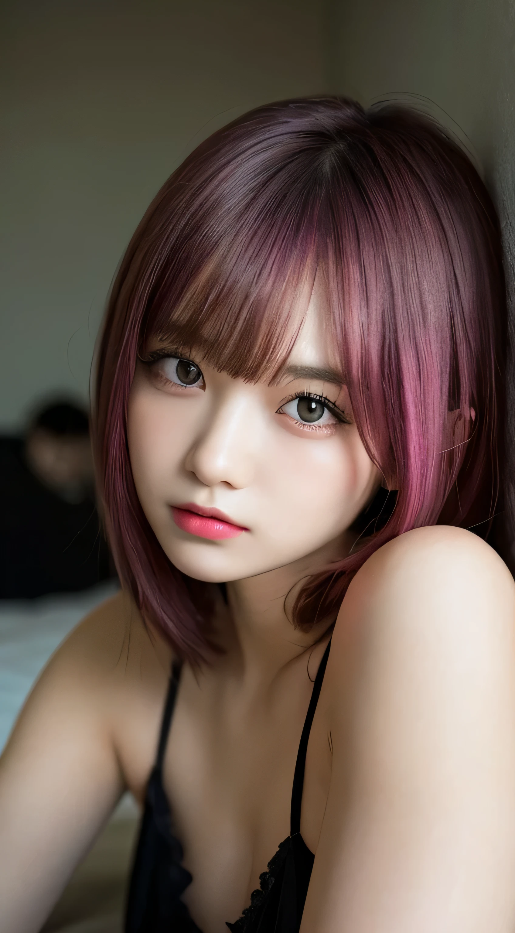 pieces fly, highest quality, figure, Super detailed, small details, High resolution, 8K,wallpaper, 完璧なダイナミックな構figure, beautiful and fine eyes, black camisole,short bob hair、pink hair color,Big Natural Color Lip, bold sexy pose,stare intently、harajuku style、20 year old girl、cute type、on the bed、in a dark room