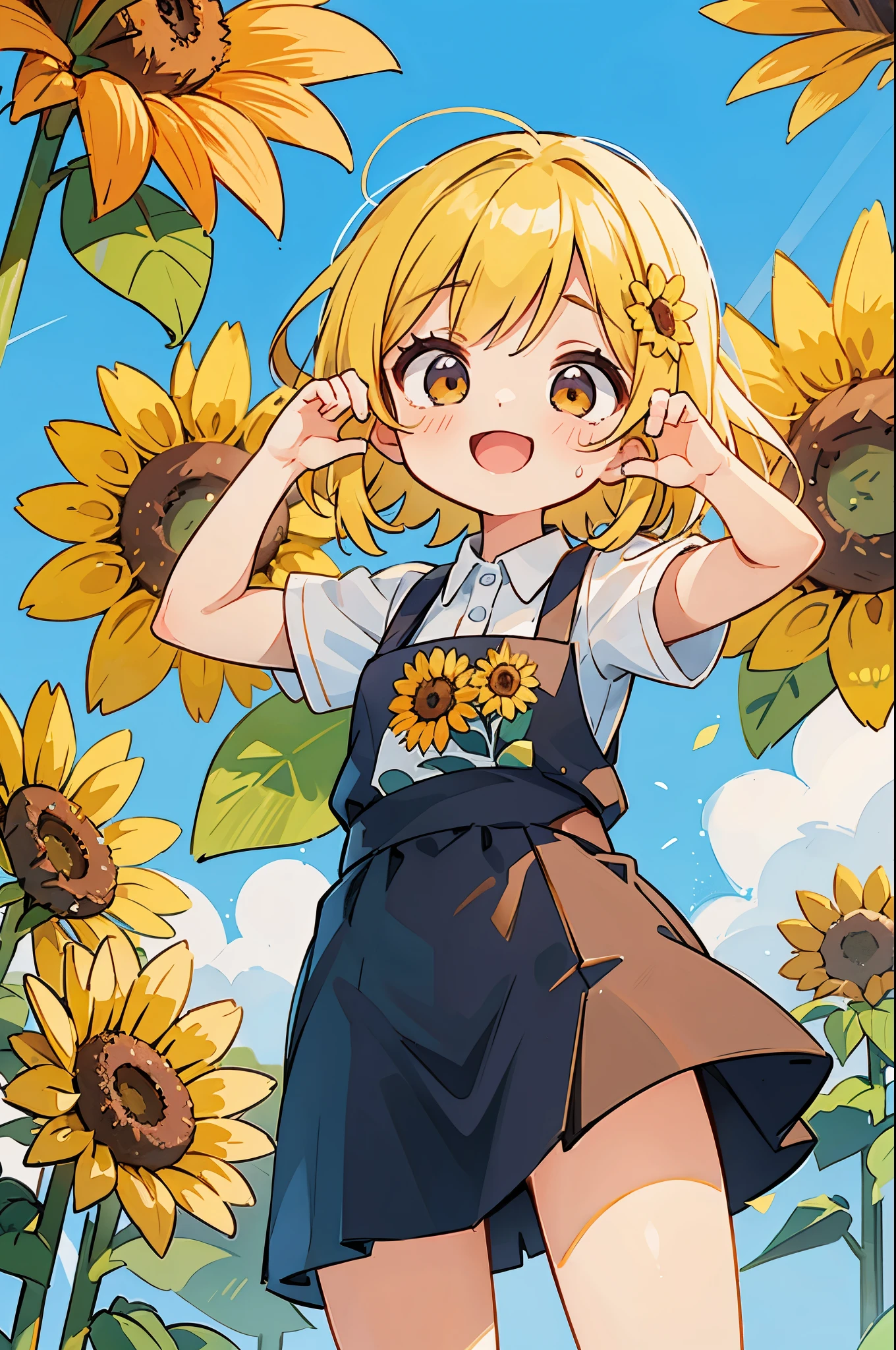 A female artist who expresses sunflowers with her body.、open your mouth and laugh、cute pose
