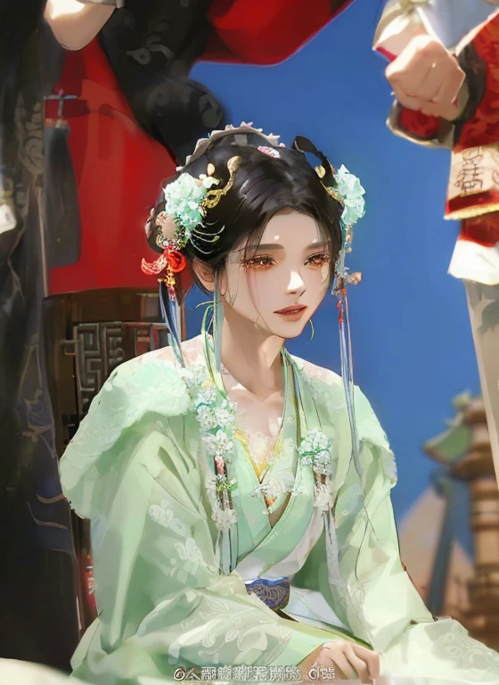 Woman in green dress sitting on the ground, palace , A girl wearing Hanfu, hanfu, Wearing ancient Chinese clothes, full body xianxia, xianxia fantasy, ancient chinese princess, white hanfu, chinese princess, Pair with Chinese clothing, xianxia, Chinese traditional clothing, traditional beauty, China costume