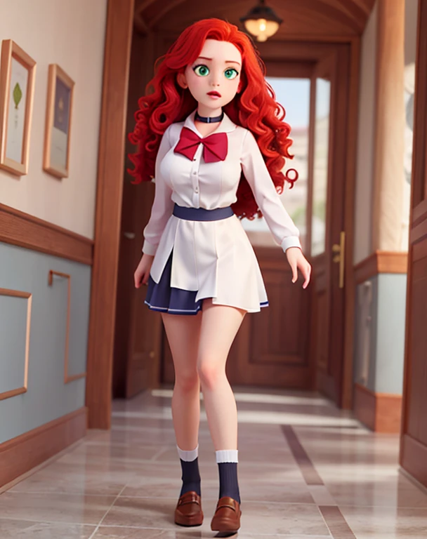 Redhead girl, green eyes, red curly hair, long red hair, freckles in face, freckles in body, pale white skin, full body, big breasts, big boobs, black choker, school uniform