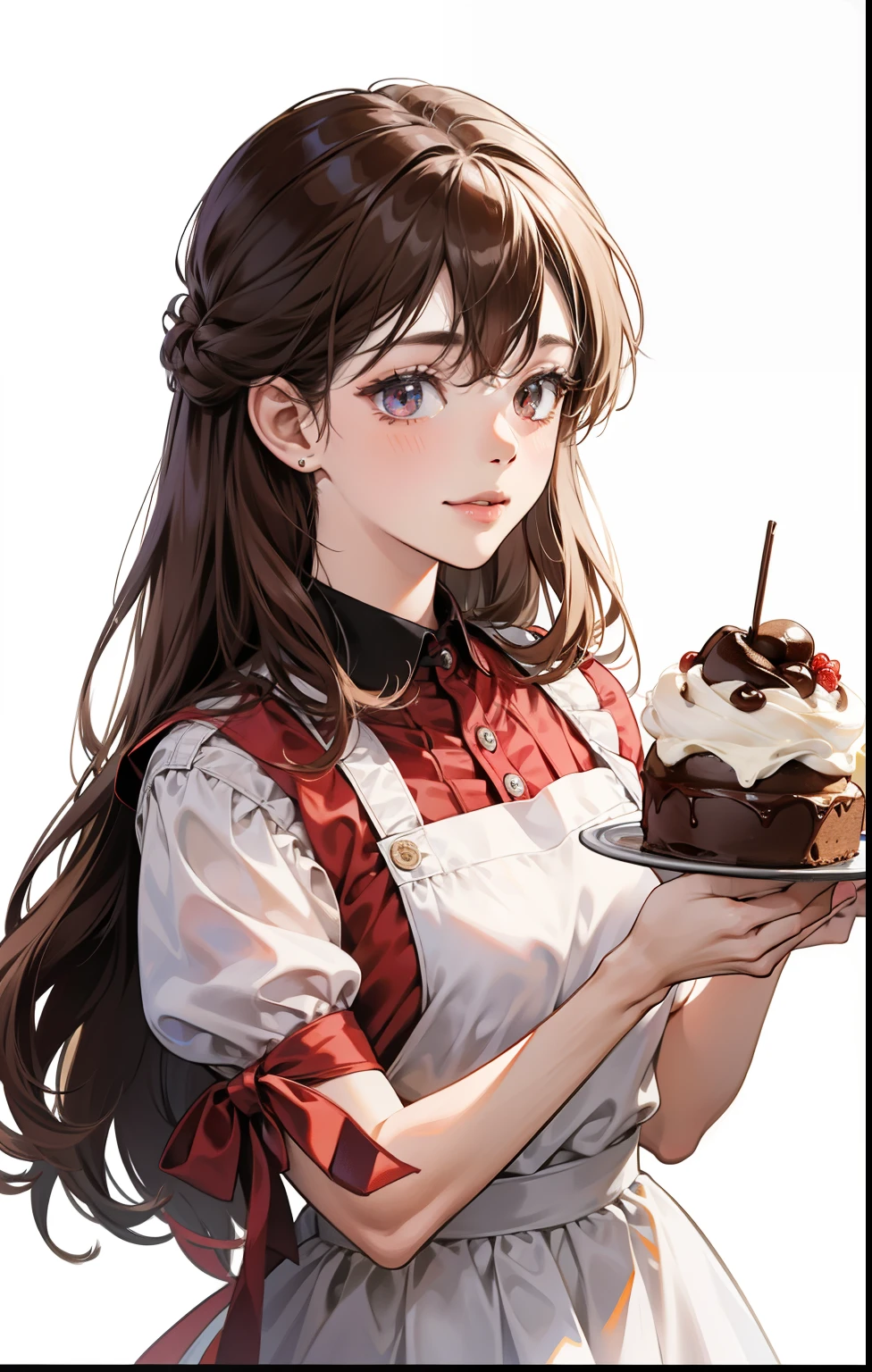 girl、white background、no background、reddish brown hair、long hair、Contrasting bangs、white dress、Red Ribbon、frills、wearing an apron、Baking、chocolate、blush、smile、cute、no background