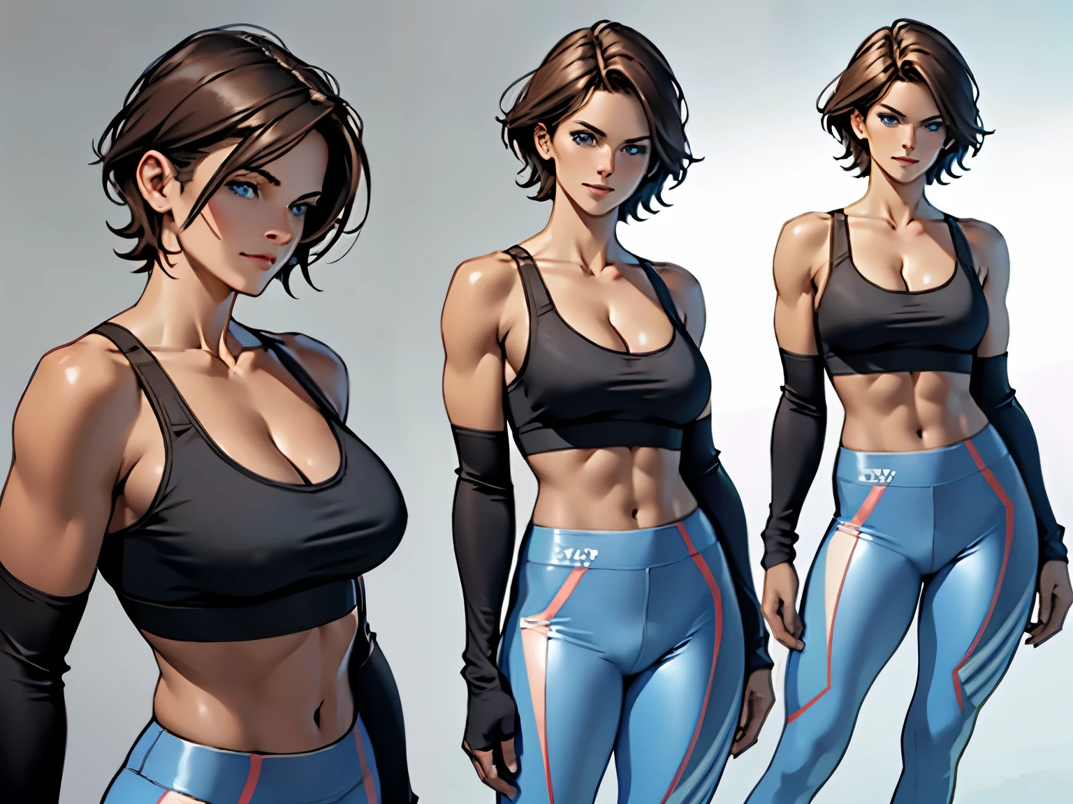 Character design sheet, (Masterpiece, best quality) detailed, ((30 years old mature woman, a small face, no-makeup, off shoulders, Bust C Cup, Exposed cleavage, Blue eyes, Short hair, dark brown hair, leggins, shinning Sportsbra, fullnude)), Cinematic lighting, Perfect, softlight, High resolution skin:1.2, Realistic skin texture, Gray background, full of details, character concept.