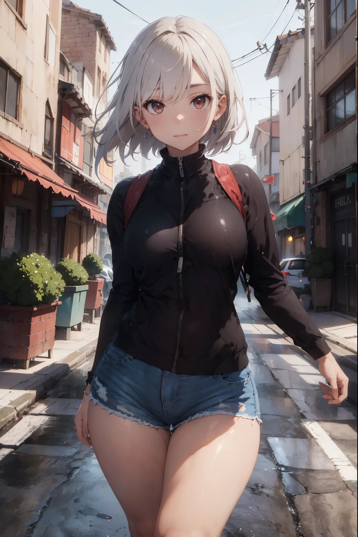 Photorealistic, high resolution, 1womanl, Solo, Hips up, view the viewer, (Detailed face), White hair, Long hair, jewelry, Women's tights, Shorts, Camel toes