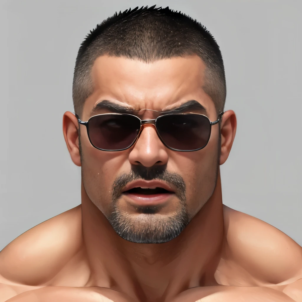 (highest quality:1.5), (masterpiece:1.5), Simple gray background, (Japanese:1.1), crew cut, macho, huge body, 46 years old, (close-up face:1.1), sunglasses, Completely naked, a deeply agitated look, Small open mouth