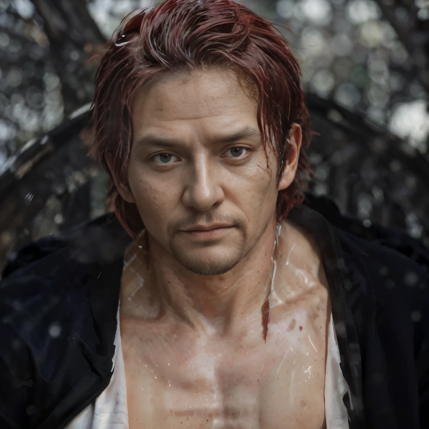 (masterpiece), (realistic), (ultra detailed), ( high reest quality), (photorealistic), (perfect face), (perfect anatomy), man, male, solo, ameican, (((35 years old))), ((muscular)), shanks from one piece, shanks, red hair, wears white clothes, ((wears a black robe)), (((karakter tersenyum jahat))), (((cuaca hujan deras)))