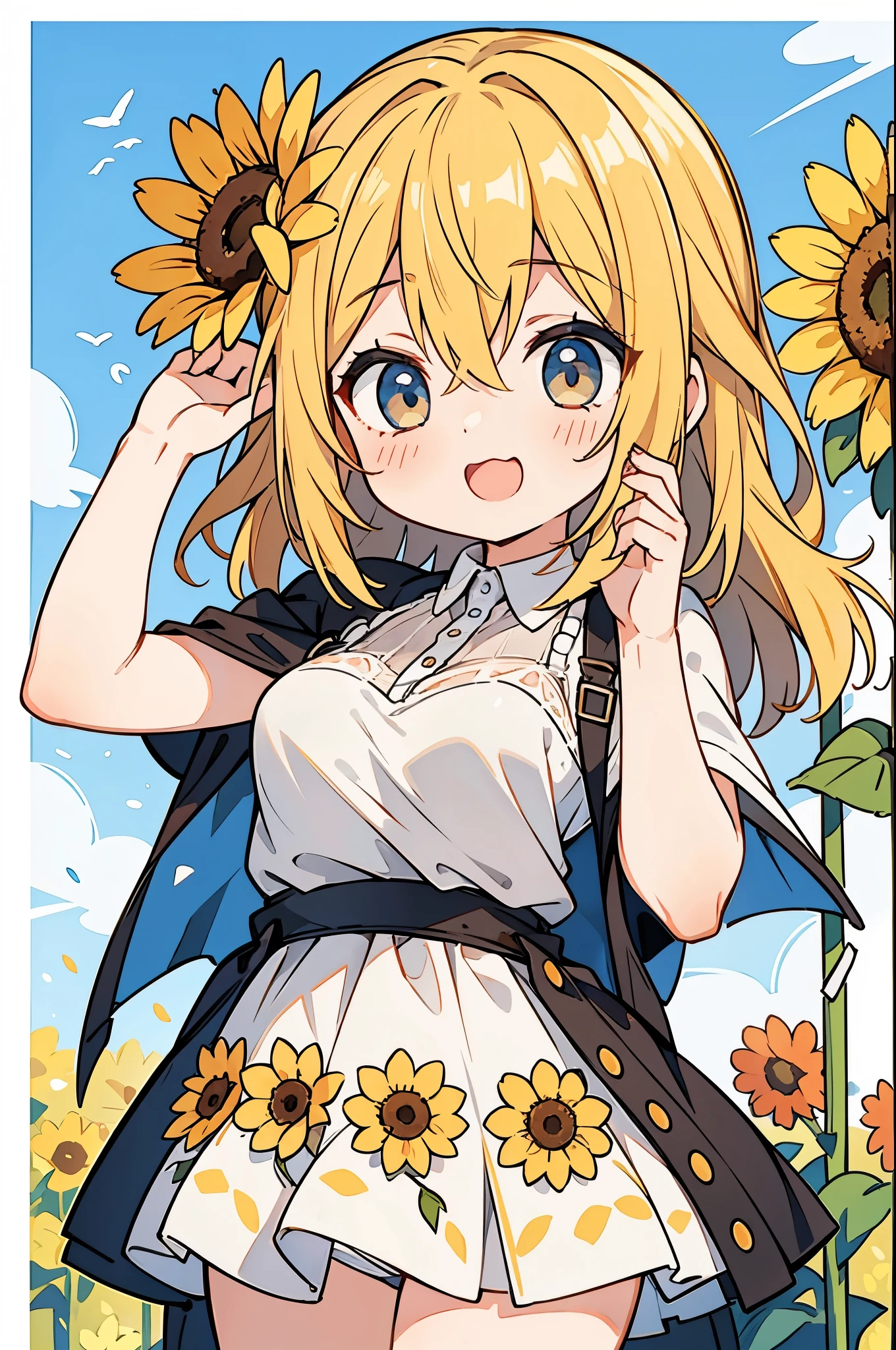 A female artist who expresses sunflowers with her body.、open your mouth and laugh、cute pose