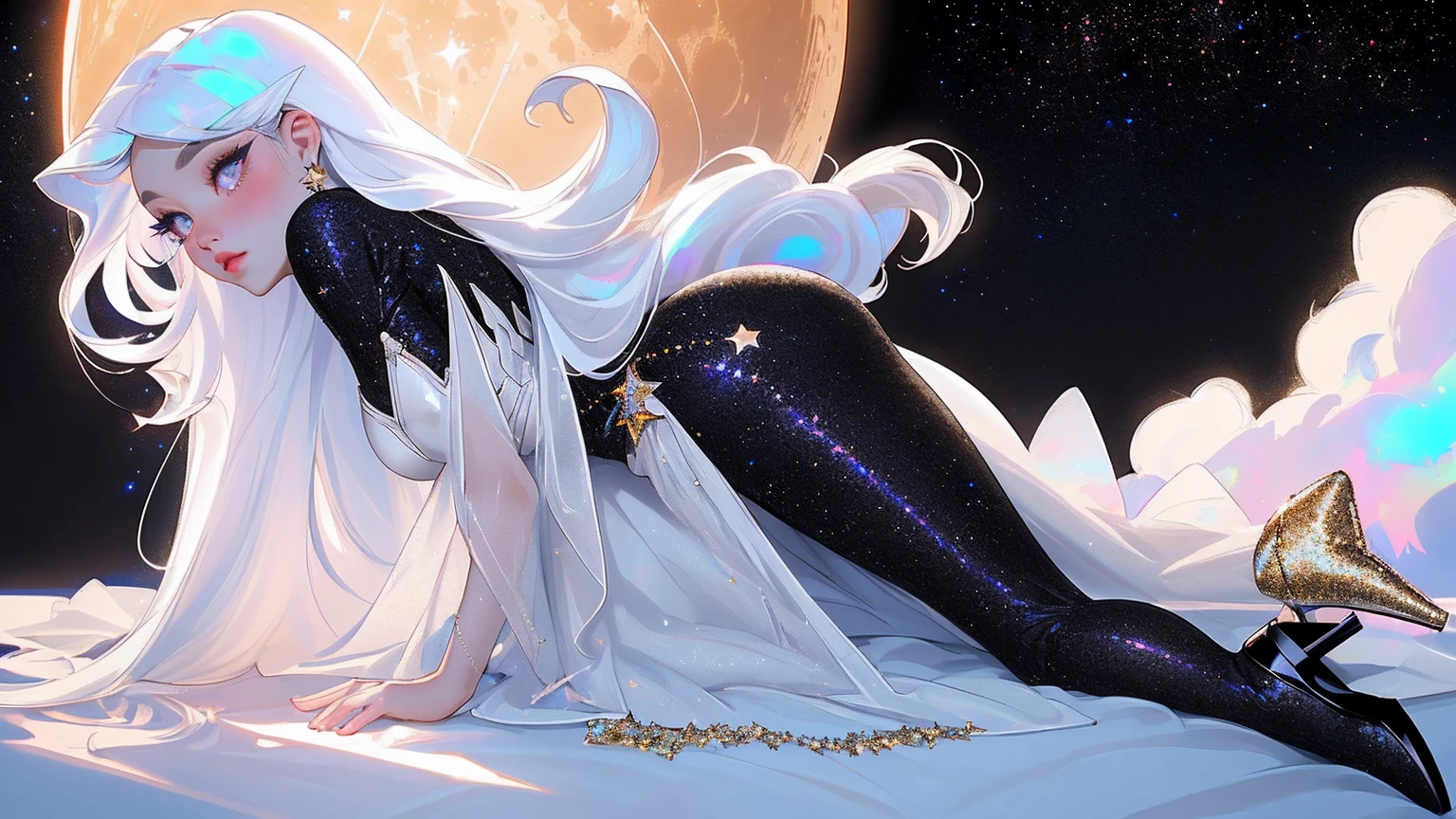 {-erro_de_anatomia:1.0} masterpiece, highest quality, (perfect face:1.1, (high detail)1.1, sweet stardust vampire , long soft white hair, opal eyes, perfectly drawn face, black dress, stars detailed background, prismatic lighting, glitter, whole body,  Laying on the moon. backwadrs, Looking back. Very sexy, with chin resting on shoulder , walkink on the stars with cristal shoes.