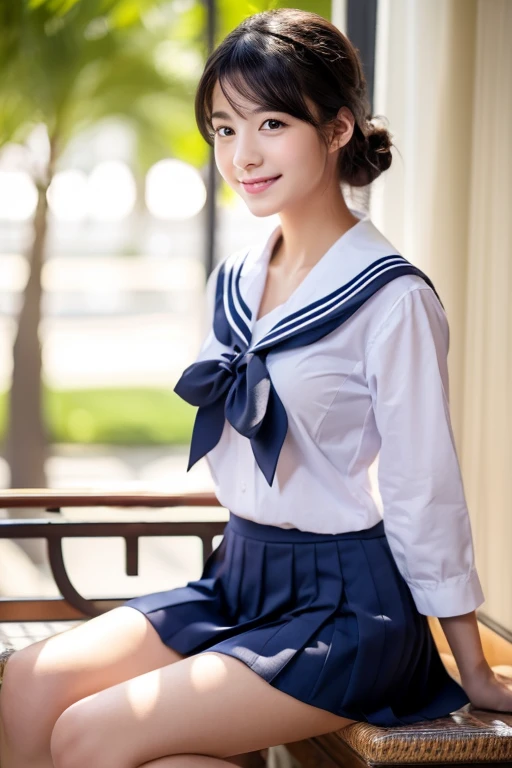 ((highest quality、8K、masterpiece:1.3))、sharp focus:1.2、Beautiful schoolgirl in perfect style:1.4、Slender、((black haired、Breasts out:1.2))、sculpture model、(natural soft light、white background)、Highly detailed face and skin texture、detailed eye、double eyelid、Sexy、((Uniform 1.5))、JK 、Pause、Smiled face、beautiful feet、sailor suit、Hotel、underwear