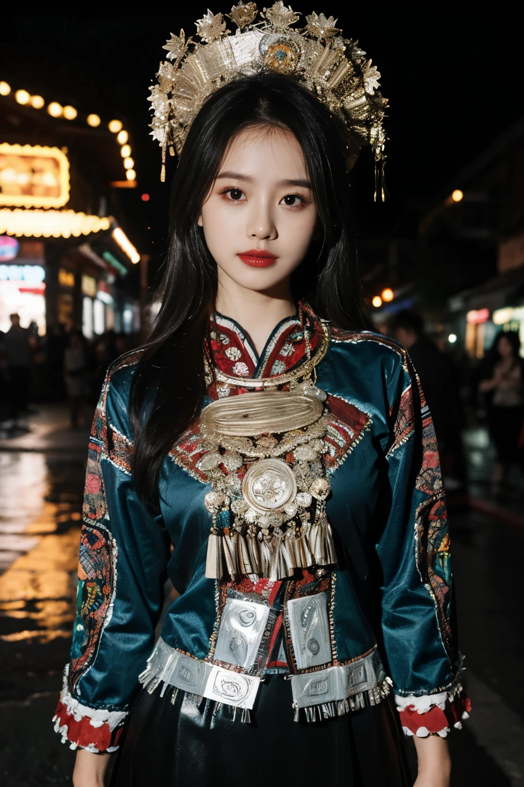 (Hyperrealistic,)4K,35mm,hyper-high detail, Professional lighting, Best quality, Ultra-high resolution, Visually stunning, (1girl:1.1), (Hmong clothing),realskin,(Perfect body 1.3)Ultra-delicate face。