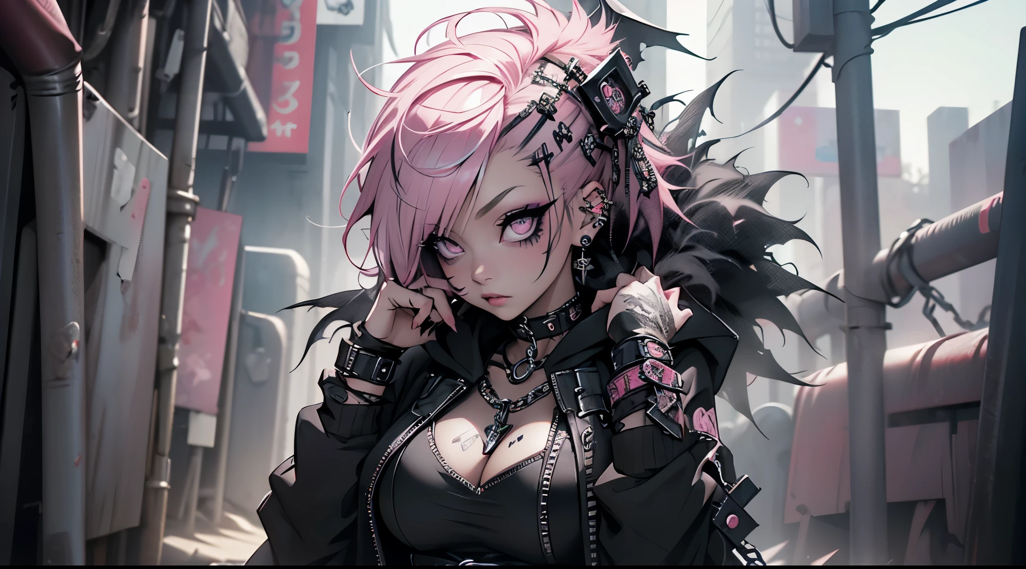 PERFECT MASTERPIECE, EXTREMELY DETAILED CG UNITY 8K UHD QUALITY RESOLUTION WALLPAPER, PHOTOREALISTIC, RAW PHOTO, PERFECT PHOTOGENIC CLARITY, OFFICIAL ART, AWARD-WINNING PORTRAIT, ULTRA HYPER-REALISTIC, ULTRA HYPER-DETAILED, SHINY REALISTIC SKIN, RAY TRACING, GLOWING AMBIENT LIGHT, The most beautiful and sexy gothic punk girl, (very short pink hair in a shaved mohawk gothic hairstyle:1.3) vibrant moonlight eyes, long detailed eyelashes, blushing, full pouting pink lips, (detailed gothic makeup:1.3) super huge enormously gigantic tits, cleavage showing, gigantic tits bursting out of her outfit, (wearing highly detailed Harajuku-inspired gothic punk hoodie and torn skinny jeans with lots of straps zippers buckles and chains:1.3) tons of tattoos and piercings, looking at the viewer, arching her back in a sexy seductive slutty pose, full body portrait, cowboy shot, cherry blossoms blowing in the wind, dark gothic cyber City background