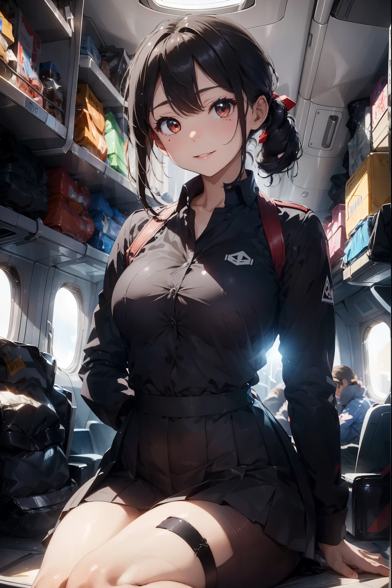 8K, Masterpiece, RAW photo, Best quality, detail:1.2),Photorealistic, Extremely detailed CG unifies 8K, 8K, Depth of field, Cinematic light, Lens flare, Ray tracing, ,Pretty Korean girl, Kpop idol, Photo of a sexy woman sitting in an airplane seat,Wearing a flight attendant uniform,pleatedskirt,(black pantyhoses:1.3),tight fit clothes,mediuml breasts,Wide buttock,being thin,Redlip,黑The eye,(unholy:0.9),Cross ed leg,(textured fabrics:0.9),looking at viewert,(ssmile:0.8),flirting to the camera,(metallic fabric:0.5),extremly intricate,(realisticlying,primitive:1.5), Sideslit, (bblurry:0.9), detail in face, poor quality photo, hight contrast, inside airplane, Slender, bow-shaped, (birthmark:0.4)