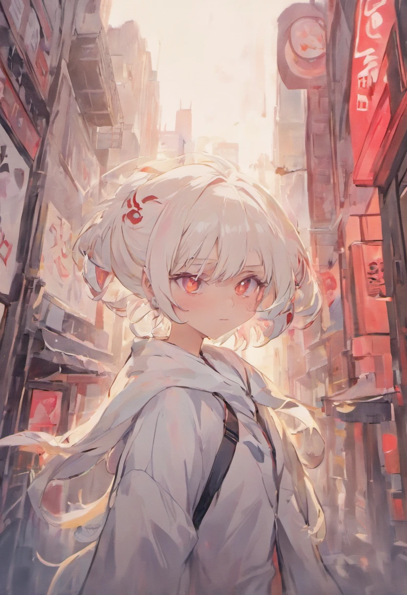 Young female skinny hipster with white hair and pointy ears, blood red eyes, Smooth jawline, Wearing a white shirt (Pale skin tone) hair is long, wearing hipster clothes, I grew up a little, ominous expression, Downtown Background