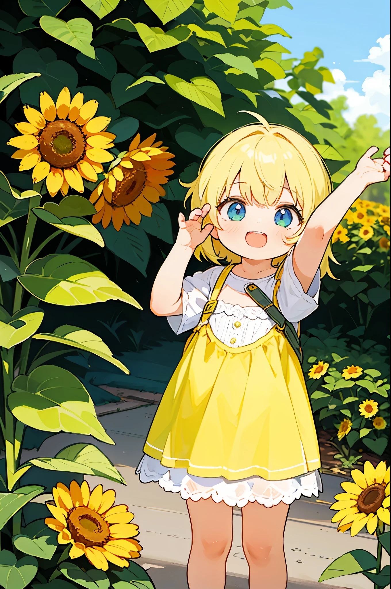 A female artist who expresses sunflowers with her body.、open your mouth and laugh、cute pose
