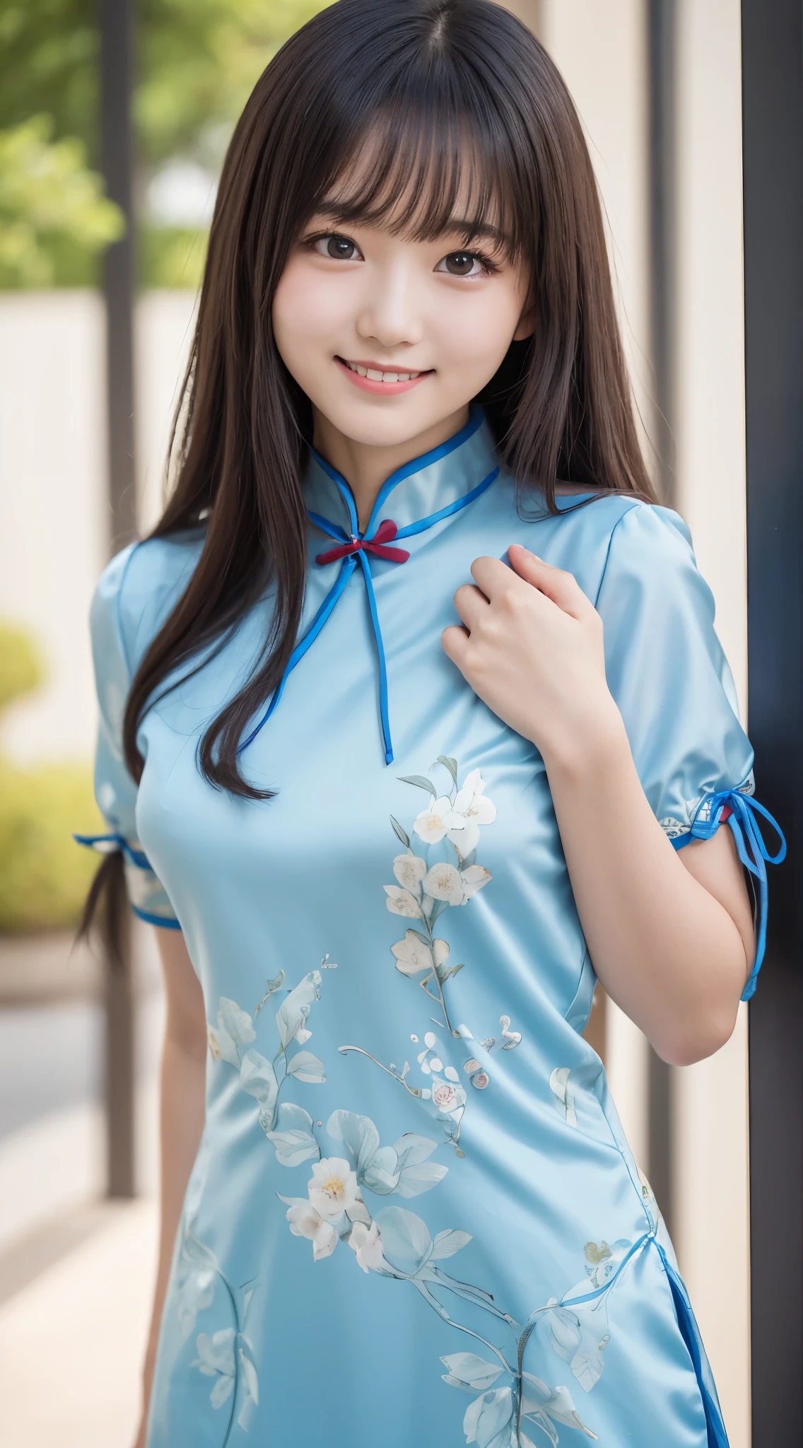 masutepiece, Best Quality, 8K, 18year old, Raw photo, (Cute smile), Solo, Cute face like an idol, Delicate girl, full body Esbian, Thigh close-up、Digital SLR, Looking at Viewer, Candid, Sophisticated,Hide your arms behind your back, Professional Lighting, Film grain, chromatic abberation, (Eyes and faces with detailed:1.0), (Bokeh:1.1) , (Cute childish face、with round face、Cute cheongsam with a short length、I can see panties.、Clothes with emphasized chest bulge:1.3)