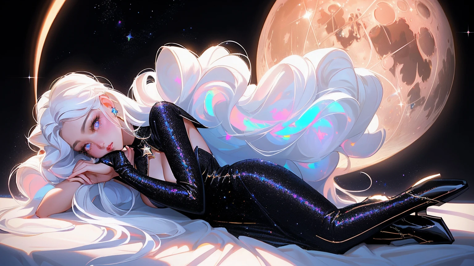 {-erro_de_anatomia:1.0} masterpiece, highest quality, (perfect face:1.1, (high detail)1.1, sweet stardust vampire , long soft white hair, opal eyes, perfectly drawn face, black dress, stars detailed background, prismatic lighting, glitter, whole body,  Laying on the moon.  Very sexy, with chin resting on shoulder , walkink on the stars with cristal shoes.