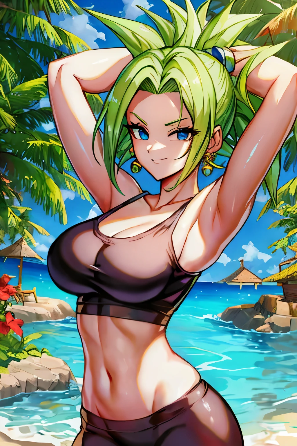 (best quality, masterpiece), green hair, green earrings, yoga pants, yoga bra, skin tight, toned, smug, smirk, kefla, thin waist, backlight,