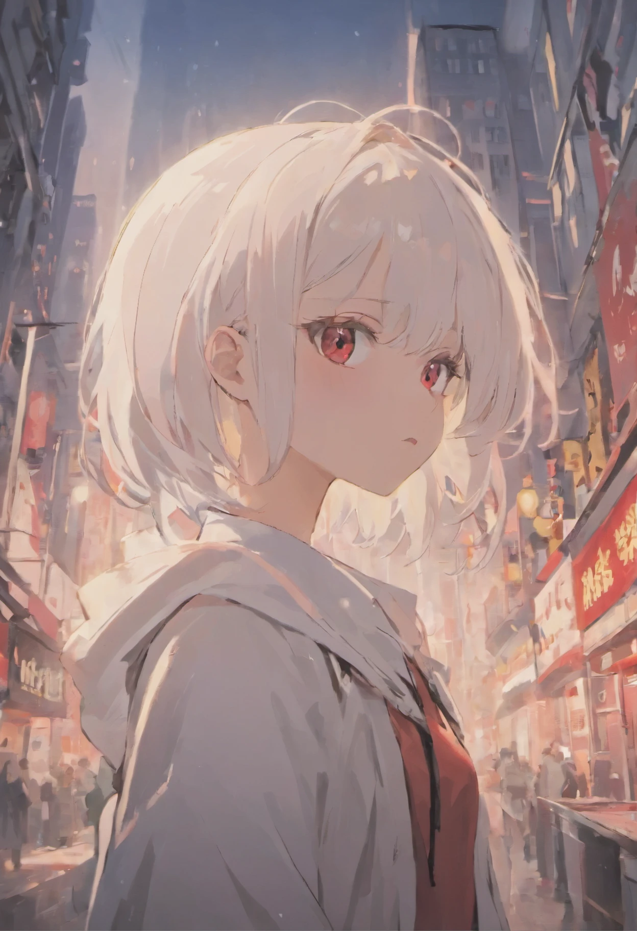 Young female skinny hipster with white hair and pointy ears, blood red eyes,  Smooth jawline, Wearing a white shirt (Pale skin tone) hair is long, wearing hipster clothes, I grew up a little, ominous expression, Downtown Background