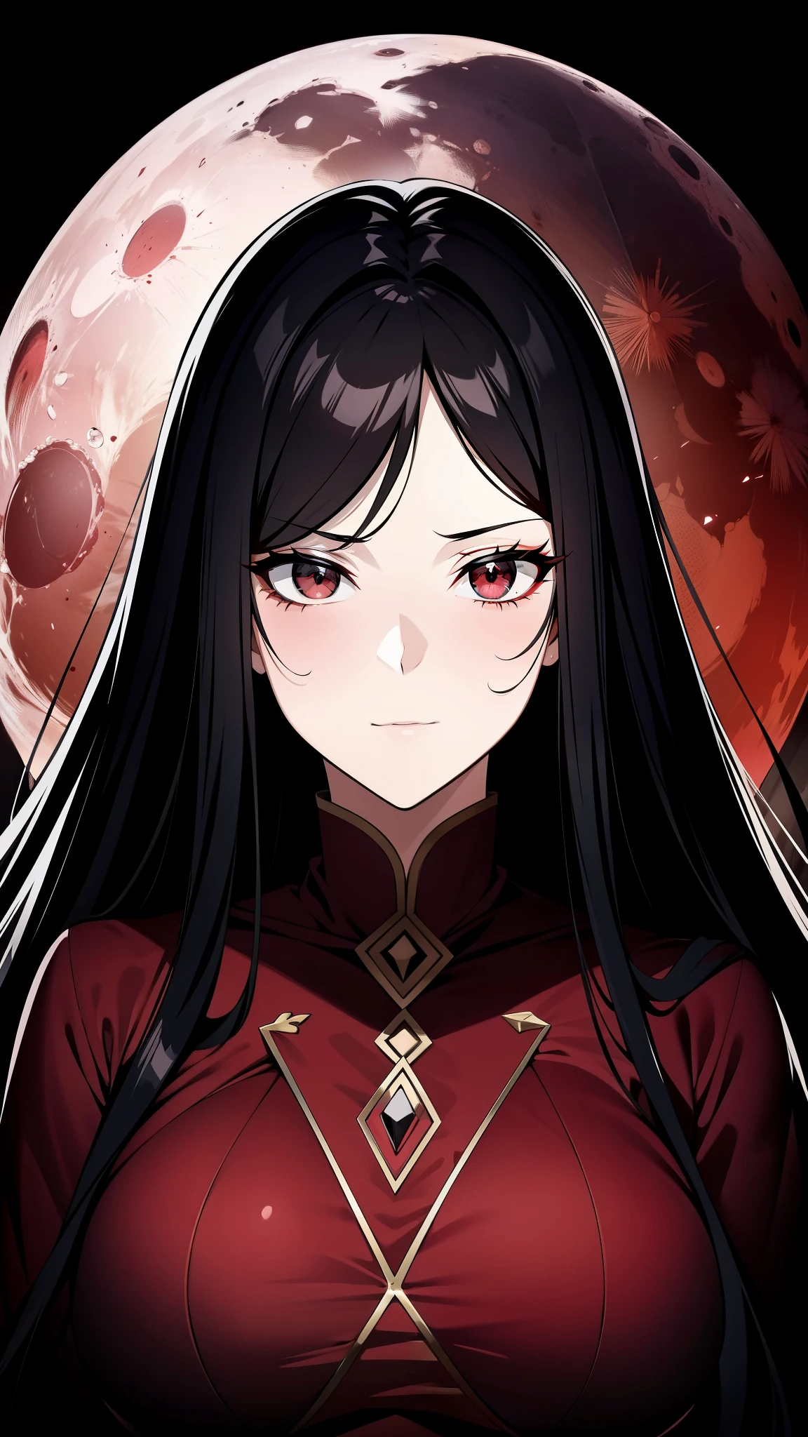 {8k image}, beautiful woman, 30 years old, using blindfold, big dark hair, wearing dark armor, face full of scars, scar on nose and mouth, face and body centered forward, focus on the face and bust, {centered image}, blood moon in the background, extremely detailed line art, focus only on black white and red colors, manga page texture image