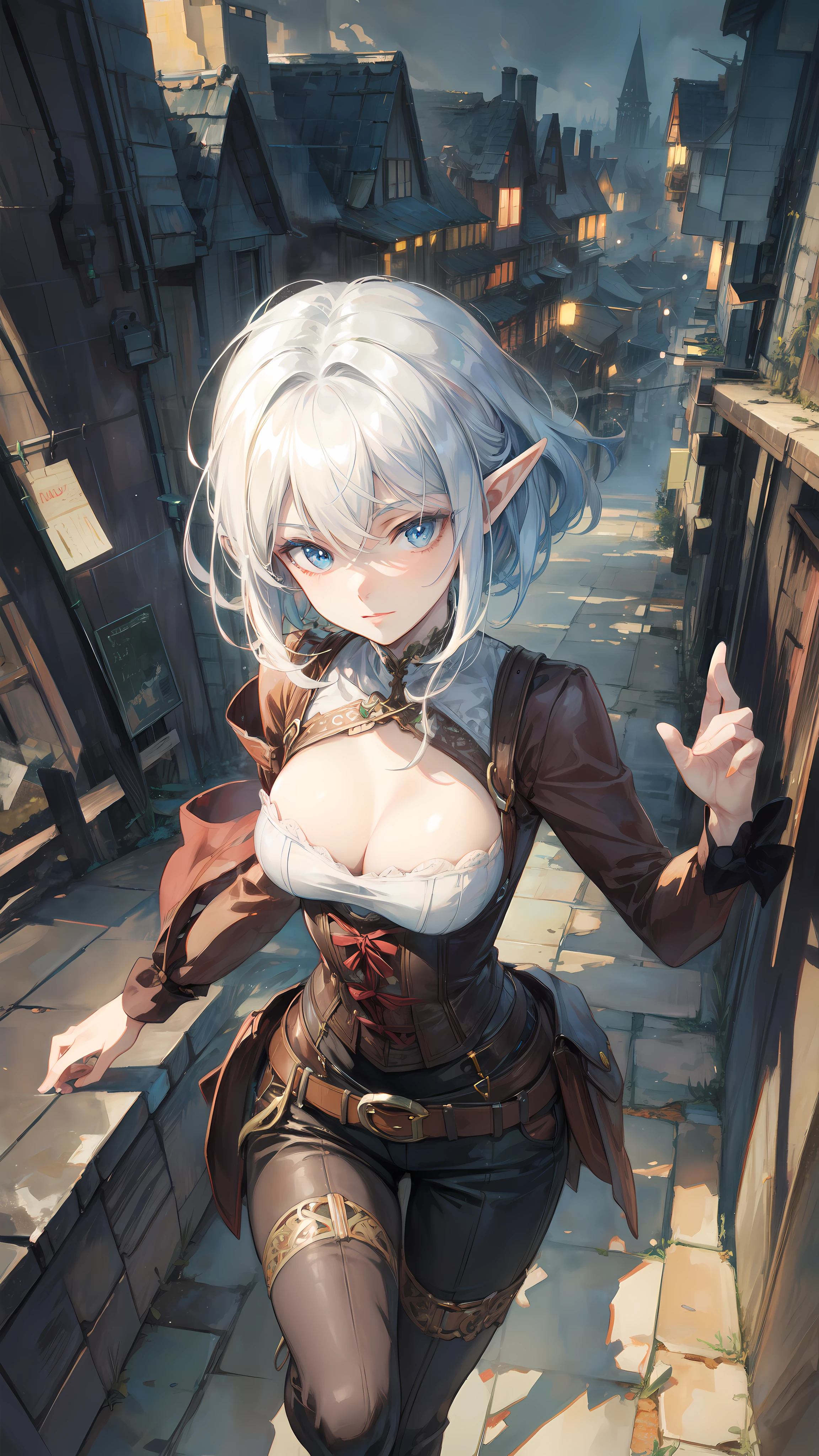 (masterpiece )), (top quality), (best quality), ((ultra-detailed, 8k quality)), volumetric lighting, cinematic lighting, 
BREAK, 
ultra detailed portrait of Elf girl, high quality cell shaded illustration in steampunk style by Yoji Shinkawa, steampunk_costume, full body, dynamic pose, perfect anatomy, centered, freedom, soul, approach to perfection, cell shading, cinematic dramatic atmosphere, watercolor painting, global illumination, detailed and intricate environment, artstation, concept art, fluid and sharp focus, Art by ((Mikimoto Haruhiko)), muted colors, watercolor style, steampunk city,
BREAK, 
highly detailed of (elf), (1girl), perfect face, details eye, Bob cut hair, Blunt bangs, (hair between eye), blonde white hair, blue eyes, eyelashes, eyeshadow, pink eyeshadow,  smile, design by Mikimoto Haruhiko,
BREAK, 
((perfect anatomy)), nice body, medium breast, extremely detailed finger, best hands, perfect face, beautiful face, beautiful eyes, perfect eyes, perfect fingers, correct anatomy, 
