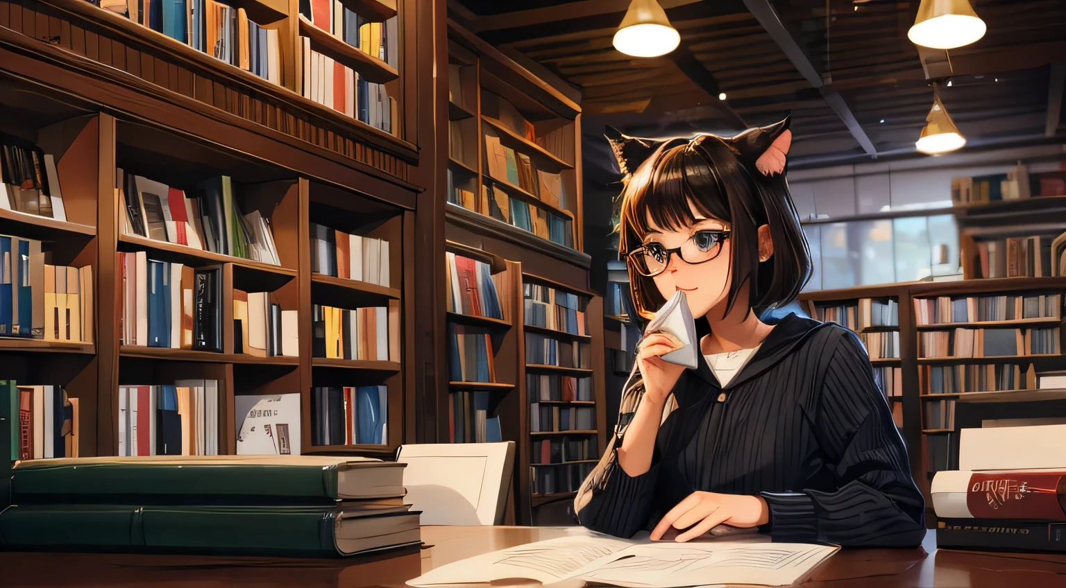 nerdy kitten wearing glasses and short hair in a bookstore on a rainy afternoon