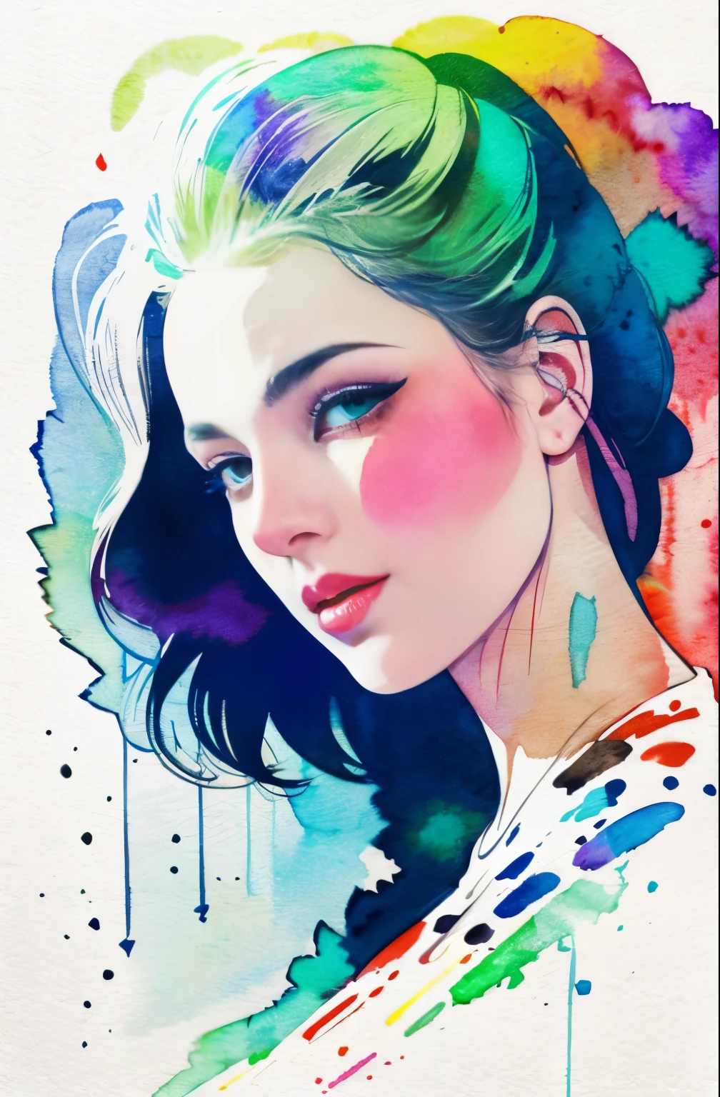 painting of woman, tumbler, figurative art, Intense watercolor painting, watercolor detailed art, Watercolor Splash, surreal, Avant-garde pop art, Beautiful and expressive paintings, Beautiful artwork illustration, very colorful tones, wonderful, cool beauty, highest quality,official art, women only, sharp outline, best shot, vector art, Written by Sandra Chevrier, Dave McKean、by Richard Avedon、Written by Makiezi Kusiala, luminous design
