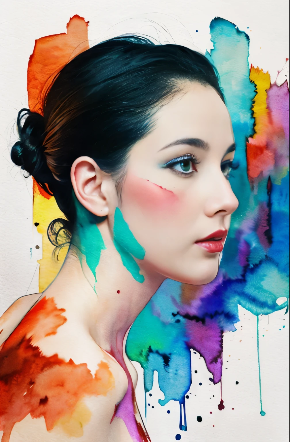 painting of woman, tumbler, figurative art, Intense watercolor painting, watercolor detailed art, Watercolor Splash, surreal, Avant-garde pop art, Beautiful and expressive paintings, Beautiful artwork illustration, very colorful tones, wonderful, cool beauty, highest quality,official art, women only, sharp outline, best shot, vector art, Written by Sandra Chevrier, Dave McKean、by Richard Avedon、Written by Makiezi Kusiala, luminous design