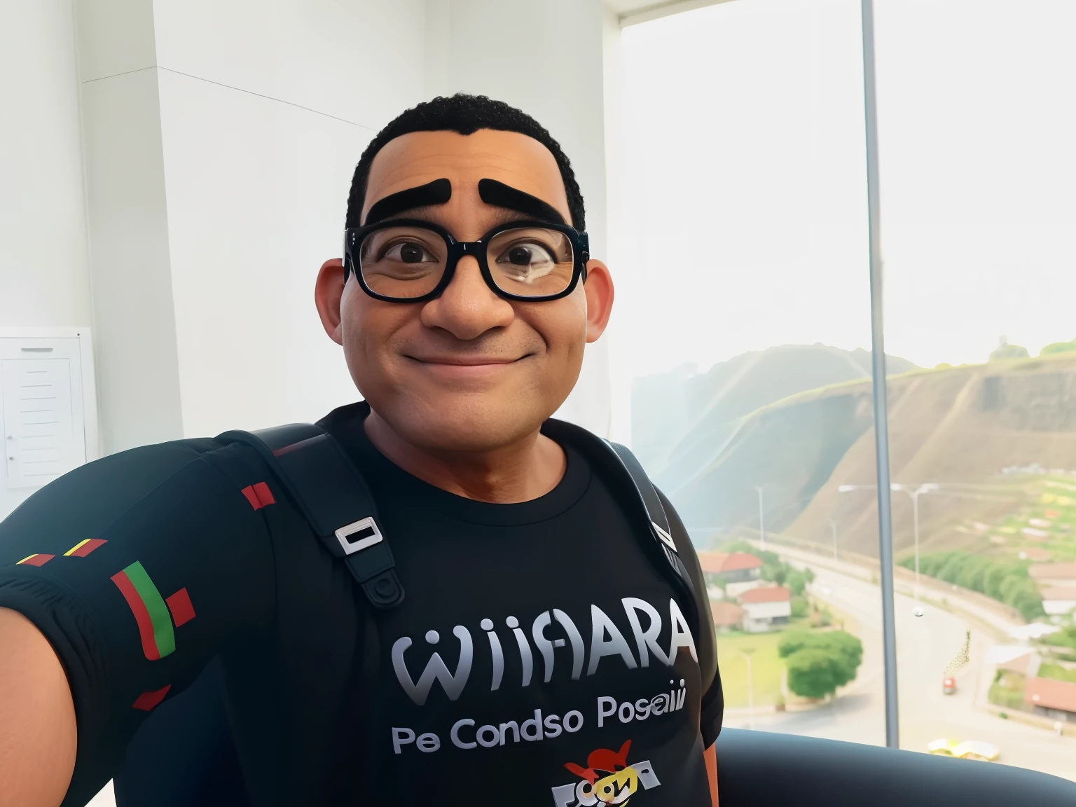 Homem 49 anos,moreno escuro animado, with glasses, forte, barriga grande , careca cabelo curto, raised eyebrows sitting casually on top of a social media logo
"Instagram". A personagem deve usar farda branca , black pants black blouse, sapato preto ,meia preta
Pouco cabelo quase careca de cor preto e , pele moreno escuro , wearing black glasses with slightly slanted eyes and holding an iPhone. The background of the image is a social media profile page with the username "adenilson" e uma foto de perfil