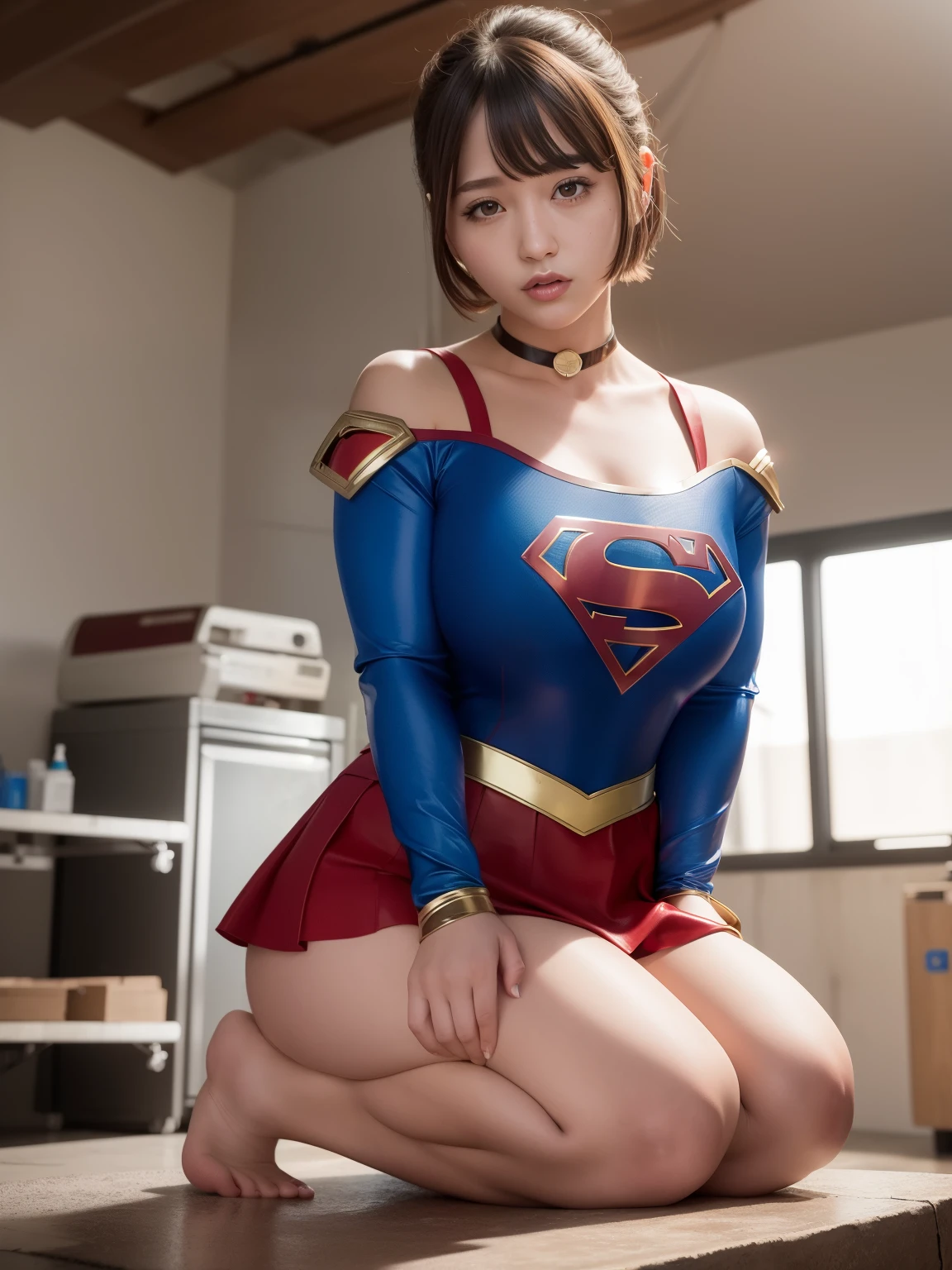 masterpiece、supergirl costume、short hair、barefoot、big and full breasts、Experimental Facilities、operating table、straddle、damaged、shiny、look at the camera、Seduce、choker、red mini skirt、long sleeve