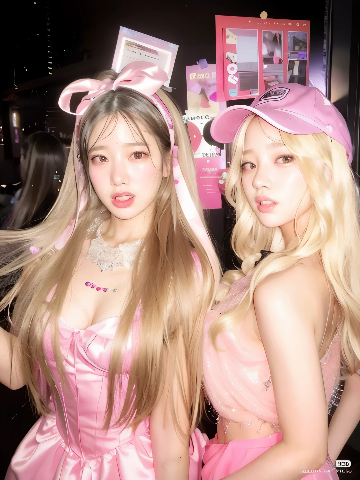 two women in Rosa dresses posing for a picture in front of a store, blackRosa, Lalisa Manobal, ava max, roseanne park of blackRosa, nixeu y sakimichan, ulzzang, lalisa manoban of blackRosa, bella delfina, jossi of blackRosa, usando una gargantilla y un lindo sombrero, ((Rosa))