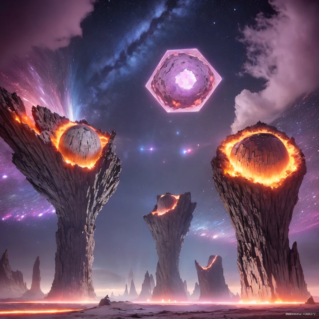 Strange photos of heavy metal planetary clouds，electron micrography，Tissue Engineering，and，statistical mechanics，Dada Photo Montage，future proposals，Mark Caseley，quantum level，light orange style，Purple pink series，Alien Hexagonal Base（Very detailed）In a hexagonal mountain oasis，有几个六角形排气扇and烟囱，some neon lights project from the base，light up the night）， There are some clouds in the night sky，Some surrounding planets provide air to unknown planets，The most distant giant hexagonal volcanic eruption，rainforest