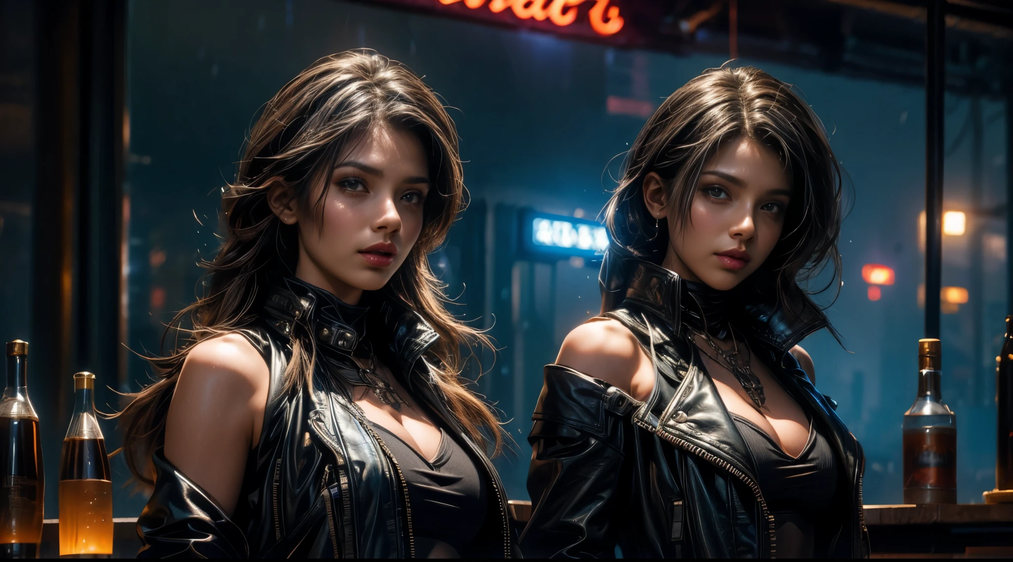 original photo, (best quality:1.3), high resolution, (masterpiece), (lifelike:1.4), Professional photography, sharp focus, high dynamic range, 8K resolution, intricate details, Exquisite details, depth of field, Extremely detailed CG unified 8k wallpaper, masterpiece,poster,best quality,official art,(Beauty and aesthetics:1.2),(masterpiece:1.3),The cities of the future,figure,Bar Street,a girl,Leather jacket,Off the shoulders,No underwear,looking at camera,(Mid-range lens:1.8),volumetric fog,rain,night,dramatic