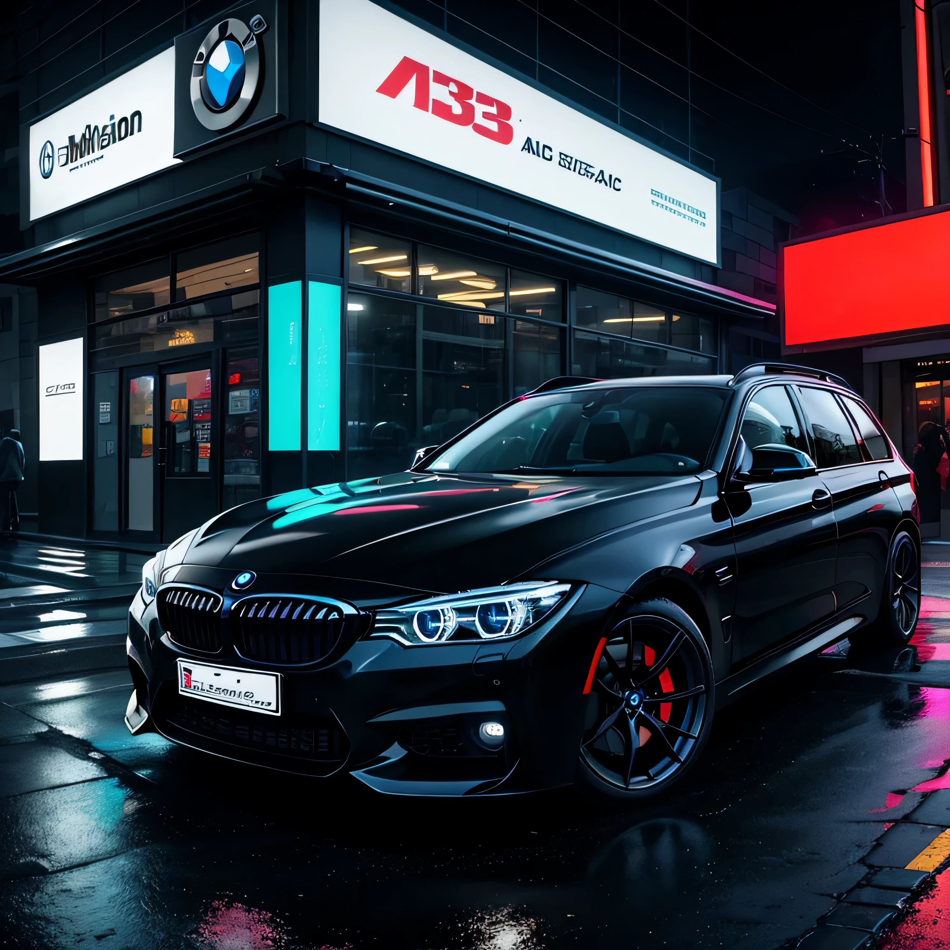 Schwarzer Kombi BMW F35 335 Touring Schwarz mit perfekten Proportionen , Eckansicht , Manga-Stil in einer Megastadt mit vielen Neonlichtern und Werbung, bunt, Rainy street, dramatische Beleuchtung