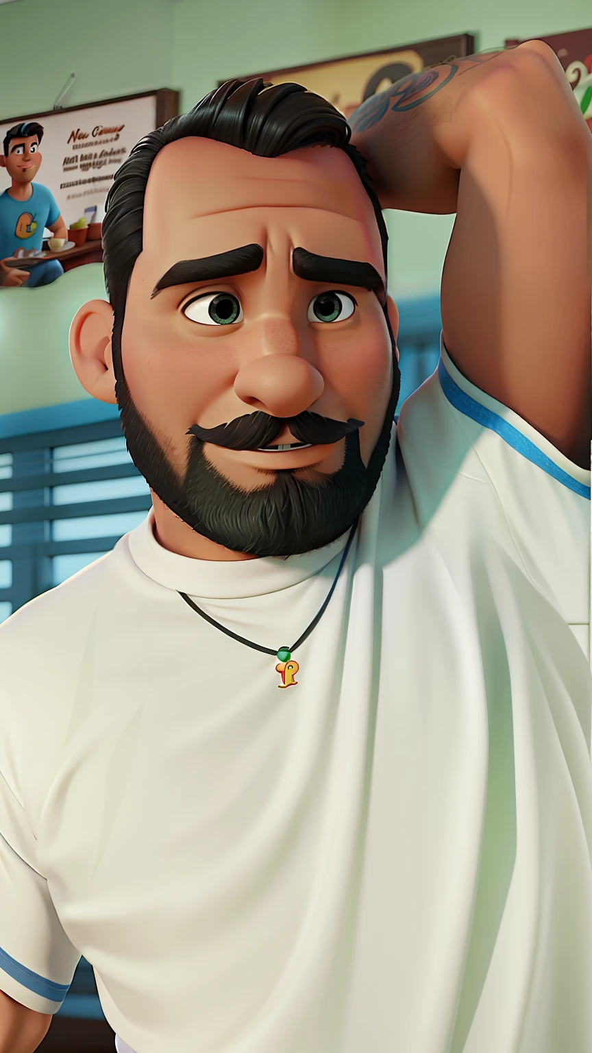 Poster no estilo Disney pixar, alta qualidade, melhor qualidade, homem sexy moreno, 38 anos, pouco cabelo, barba preta, musculoso, com fundo em um restaurante a luz de velas