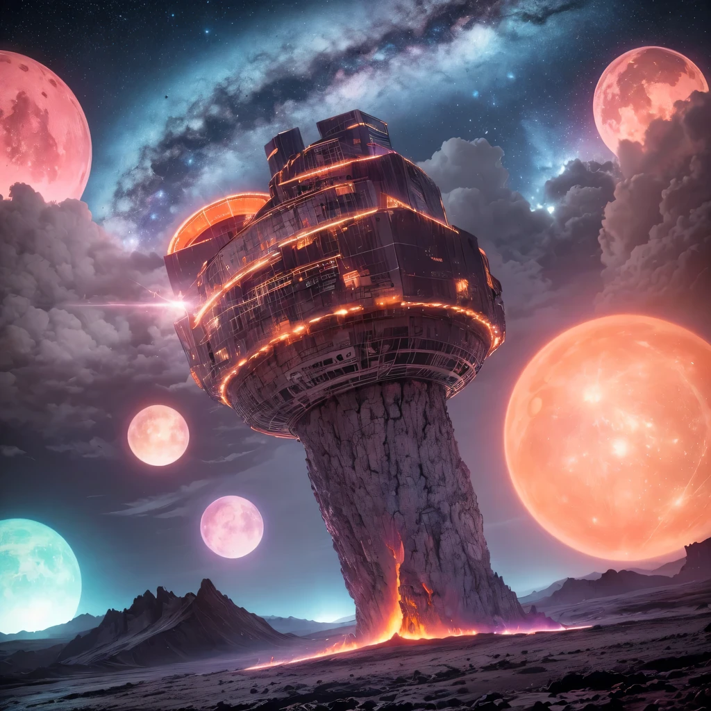 Strange photos of heavy metal planetary clouds,electron micrography,Tissue Engineering,and,statistical mechanics,Dada Photo Montage,future proposals,Mark Caseley,quantum level,light orange style,Purple pink series,Alien Hexagonal Base(Very detailed)In a hexagonal mountain oasis,有几个六角形排气扇and烟囱,some neon lights project from the base,light up the night), There are some clouds in the night sky,Some surrounding planets provide air to unknown planets,The most distant giant hexagonal volcanic eruption,rainforest