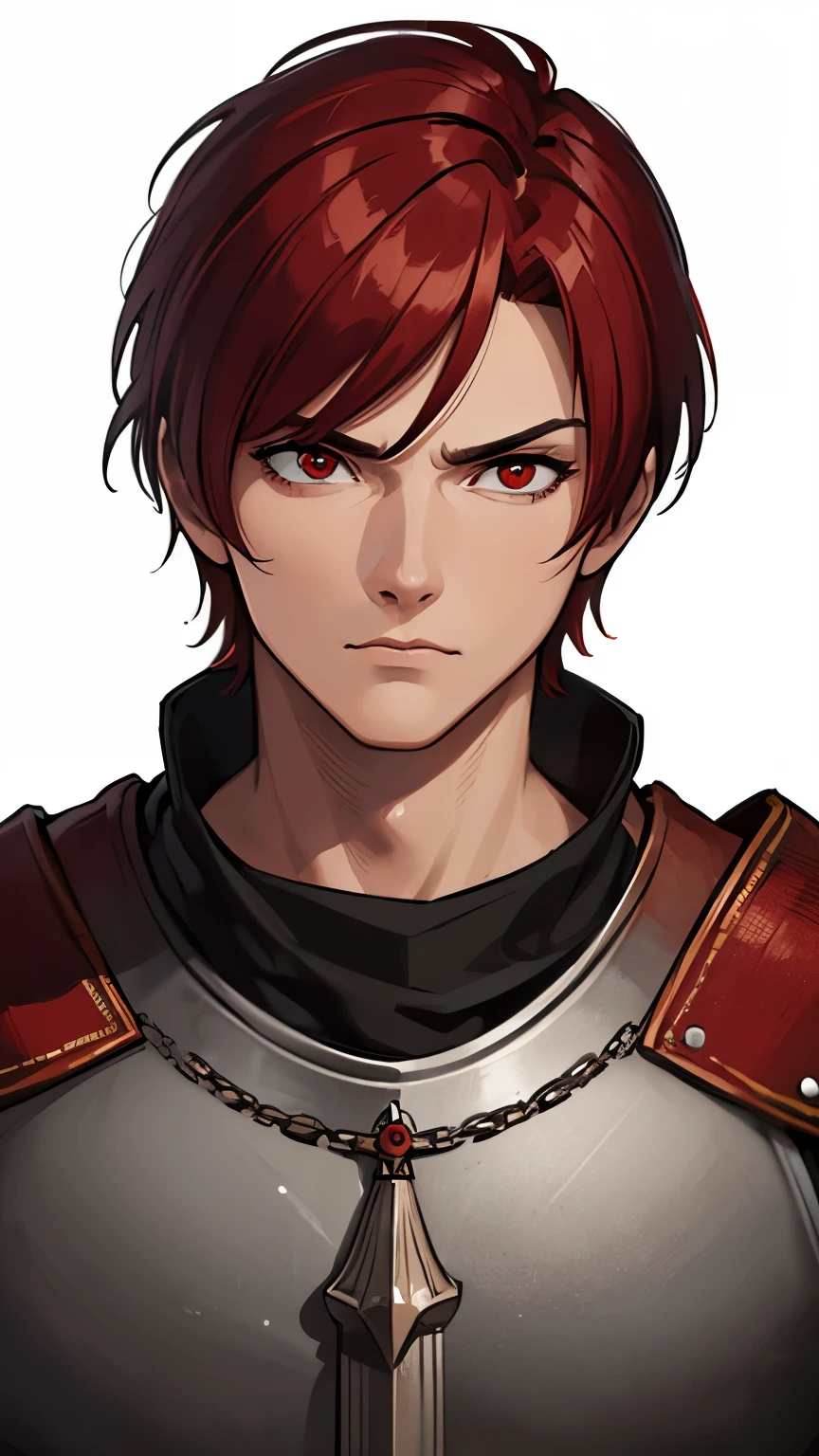 (best quality, ultra-detailed, photorealistic:1.37), medieval male clothing, serious face, red short hair with a white streak above the left eye, red eyes, white background