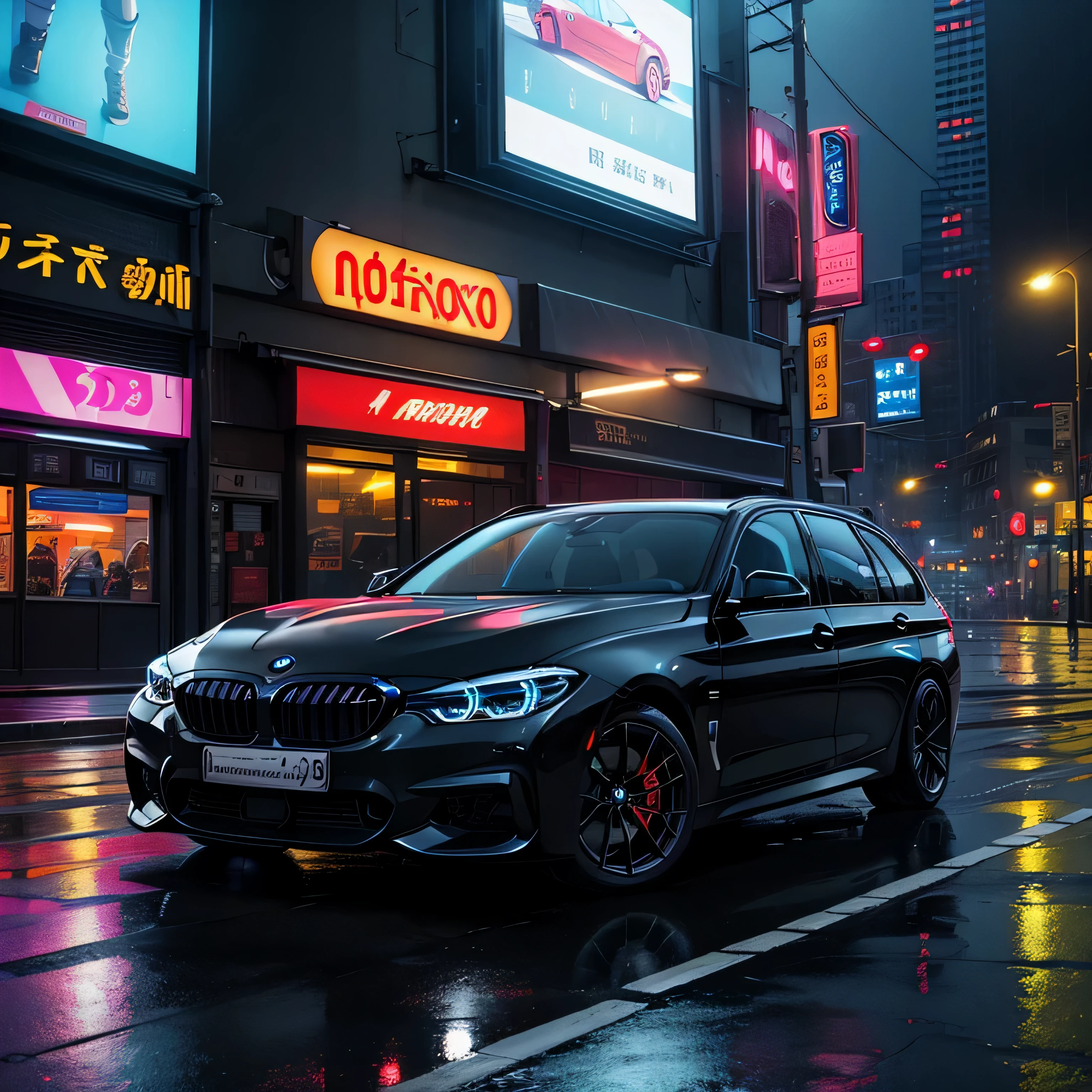 Schwarzer Kombi BMW F35 335 Touring Schwarz mit perfekten Proportionen , Eckansicht , Manga-Stil in einer Megastadt mit vielen Neonlichtern und Werbung, bunt, Rainy street, dramatische Beleuchtung