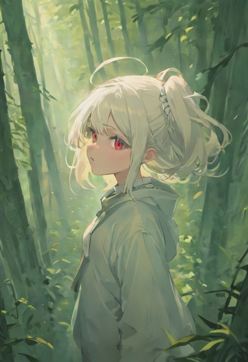 Young female skinny hipster with white hair and pointy ears, blood red eyes, Smooth jawline, Wearing a white shirt (Pale skin tone) hair is long, I grew up a little, ominous expression, Forest Cabin Background ,The hair goes down to the thighs., Composition looking down from above, Stand straight while looking ahead