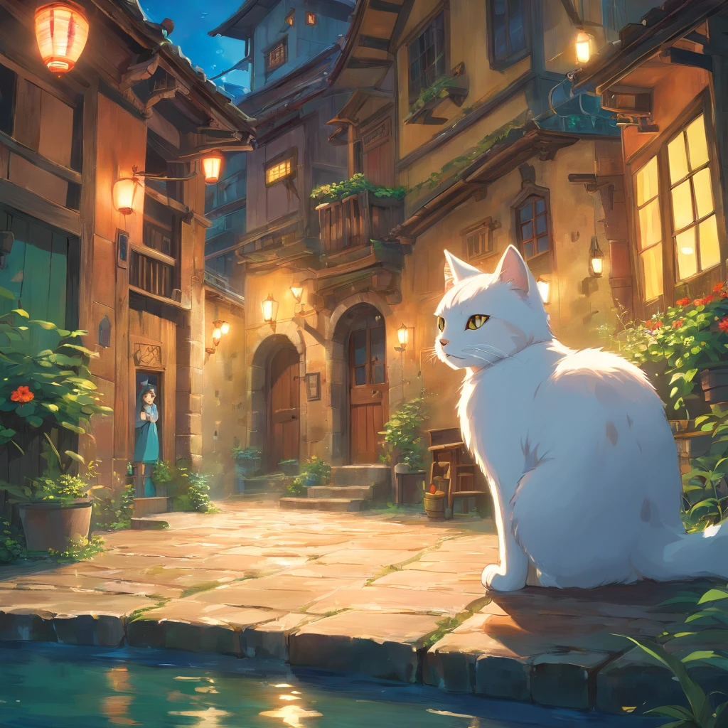In the style of primitivist realism, painting of a big white cat and a girl, texture exploration, Ashcan School, close-up, dark brown and white, Olympus Irregular Buildings Floating on the Sea), Patchwork Cottage, Floral Decorations, Lights, Concept Art Inspired by Andreas Rocha, Art Station Contest Winner, Fantasy Art, (Underwater City), Los Tran, Light Shaft , realistic lighting, masterpiece, high quality, beautiful graphics, high details, masterpiece, high quality, beautiful graphics, high details, --v6