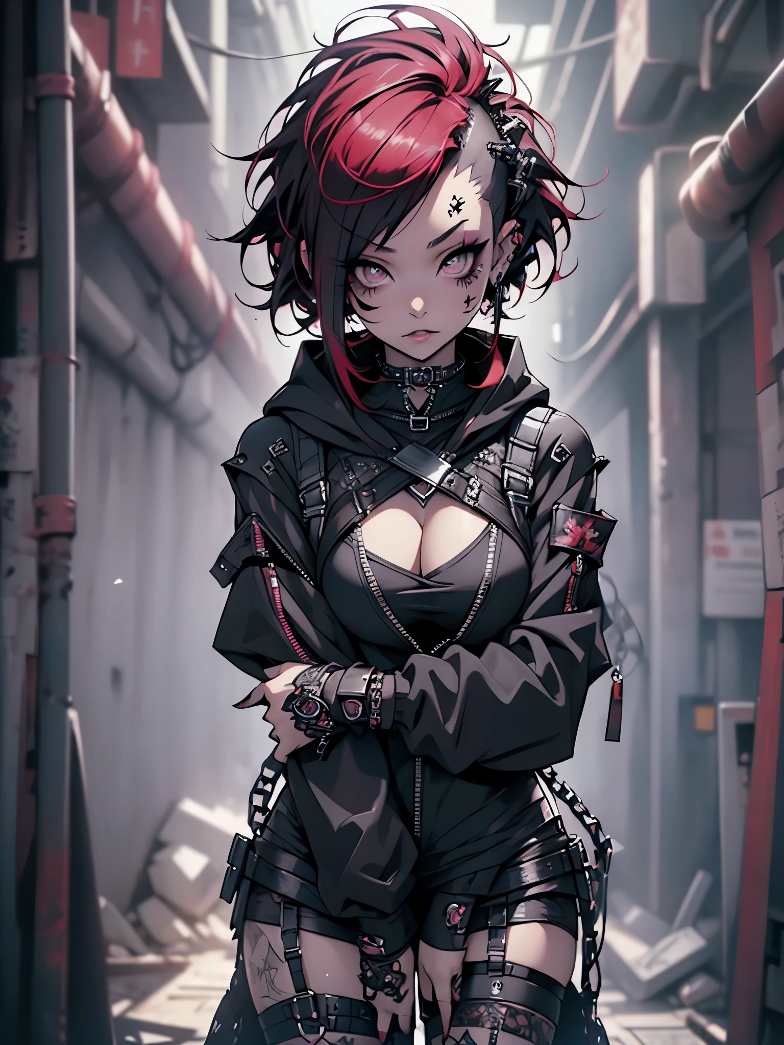 PERFECT MASTERPIECE, EXTREMELY DETAILED CG UNITY 8K UHD QUALITY RESOLUTION WALLPAPER, PHOTOREALISTIC, RAW PHOTO, PERFECT PHOTOGENIC CLARITY, OFFICIAL ART, AWARD-WINNING PORTRAIT, ULTRA HYPER-REALISTIC, ULTRA HYPER-DETAILED, SHINY REALISTIC SKIN, RAY TRACING, GLOWING AMBIENT LIGHT, The most beautiful and sexy gothic punk girl, (very short red hair in a shaved mohawk gothic hairstyle:1.3) vibrant moonlight eyes, long detailed eyelashes, blushing, full pouting pink lips, (detailed gothic makeup:1.3) super huge enormously gigantic tits, cleavage showing, gigantic tits bursting out of her outfit, (wearing highly detailed Harajuku-inspired gothic punk hoodie and school girl skirt with lots of straps zippers buckles and chains:1.3) tons of tattoos and piercings, looking at the viewer, squatting spreading her legs open arching her back in a sexy seductive slutty pose, full body portrait, cowboy shot, cherry blossoms blowing in the wind, dark gothic cyber City background