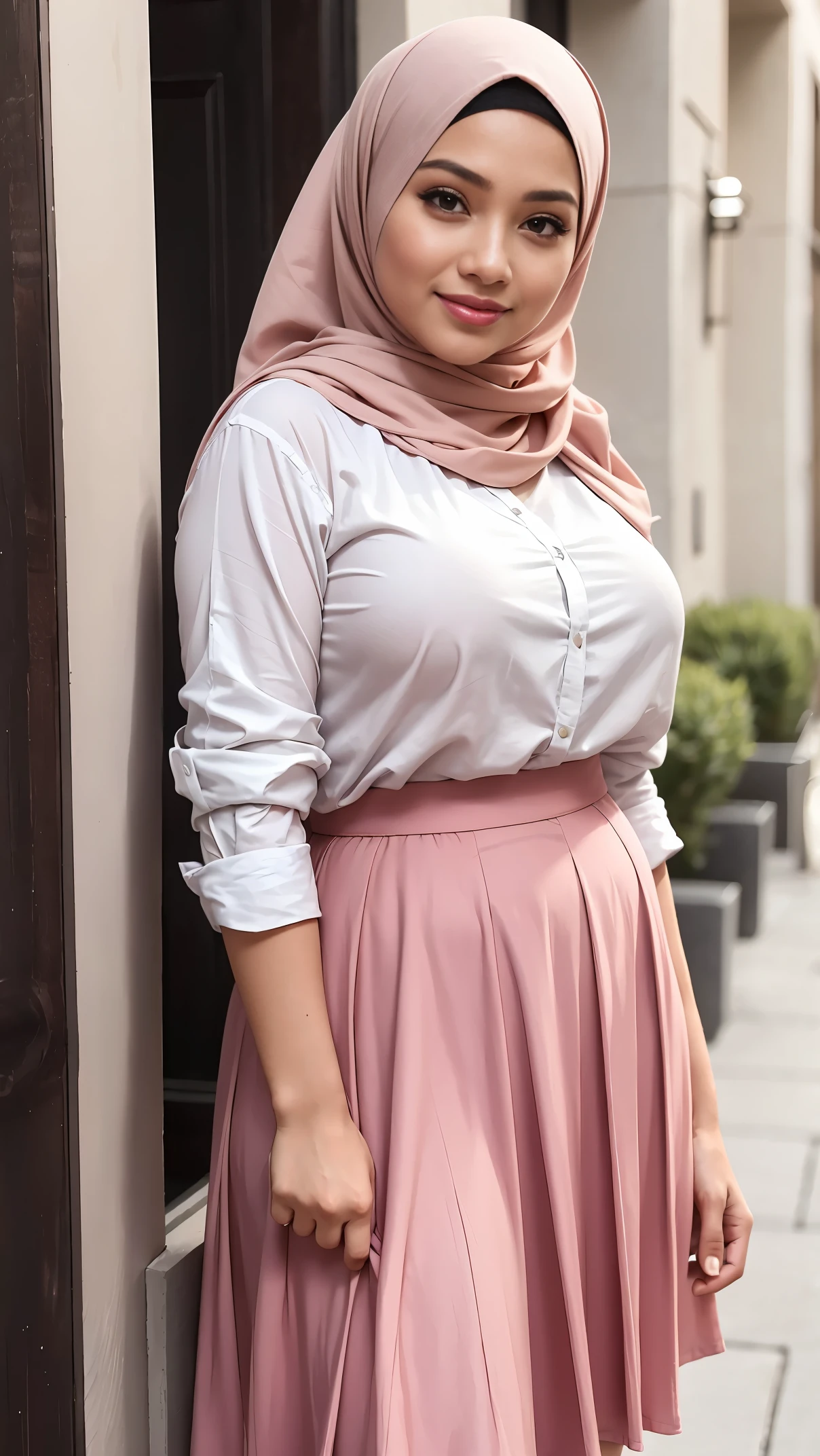 ( Close Up),RAW, Best quality, high resolution, work: 1.3, beautiful Malay woman in hijab, beautiful big eyes, smiling, beautiful face, shiny lips, soft smile, medium portrait, watery eyes, big breasts,thick thighs, woman leaning against a wall wearing a skirt and a jacket, pleated skirt, hijab, wearing jacket and skirt, casual modern clothing, long skirt, inspo, 🤠 using a 🖥, monochrome, feminine in cute pastel shades, casual clothing style, casual pose, dressed in long fluent skirt, simple style, modestly dressed, wearing a long flowy fabric, very long floral pleated skirt, feminine in cute pastel shades, long skirt, red colored blouse, with soft red colors, in pastel colors, red skirt,