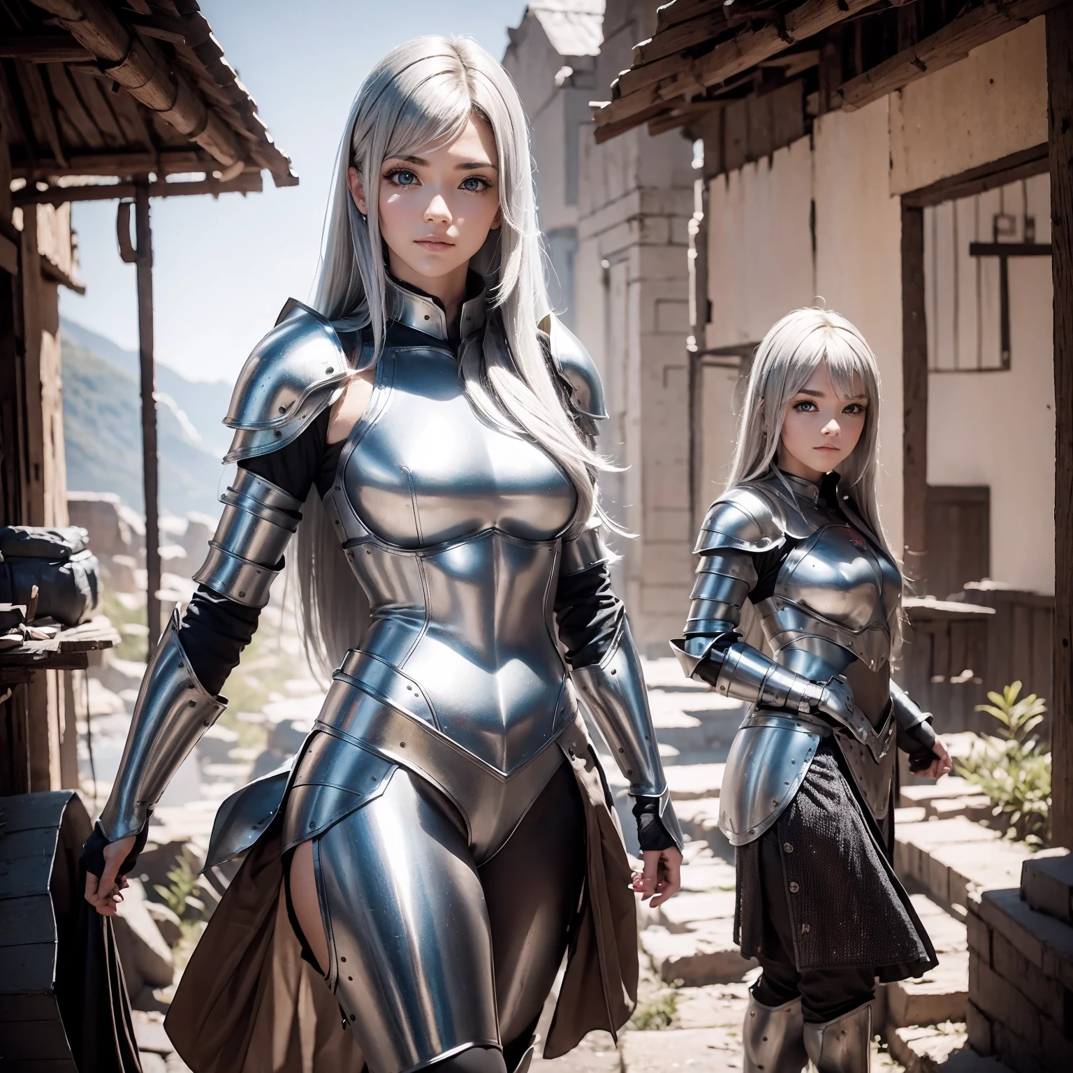 8K woman standing, facing directly at the camera, a beautiful well-turned woman in armor spoiled you, she has medium breasts hard armor with raw metal. com pequenos, detalhes de espinhos de ouro, futurista branco, com pequenos detalhes de ouro, seu cabelos muitos longos