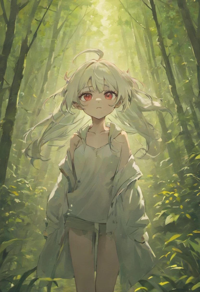 Young female skinny hipster with white hair and pointy ears, blood red eyes, Smooth jawline, Wearing a white shirt (Pale skin tone) hair is long, I grew up a little, ominous expression, Forest Cabin Background ,The hair goes down to the thighs., Composition looking down from above, Stand straight while looking ahead, He doesn't wear anything other than a dress shirt and has long hair..