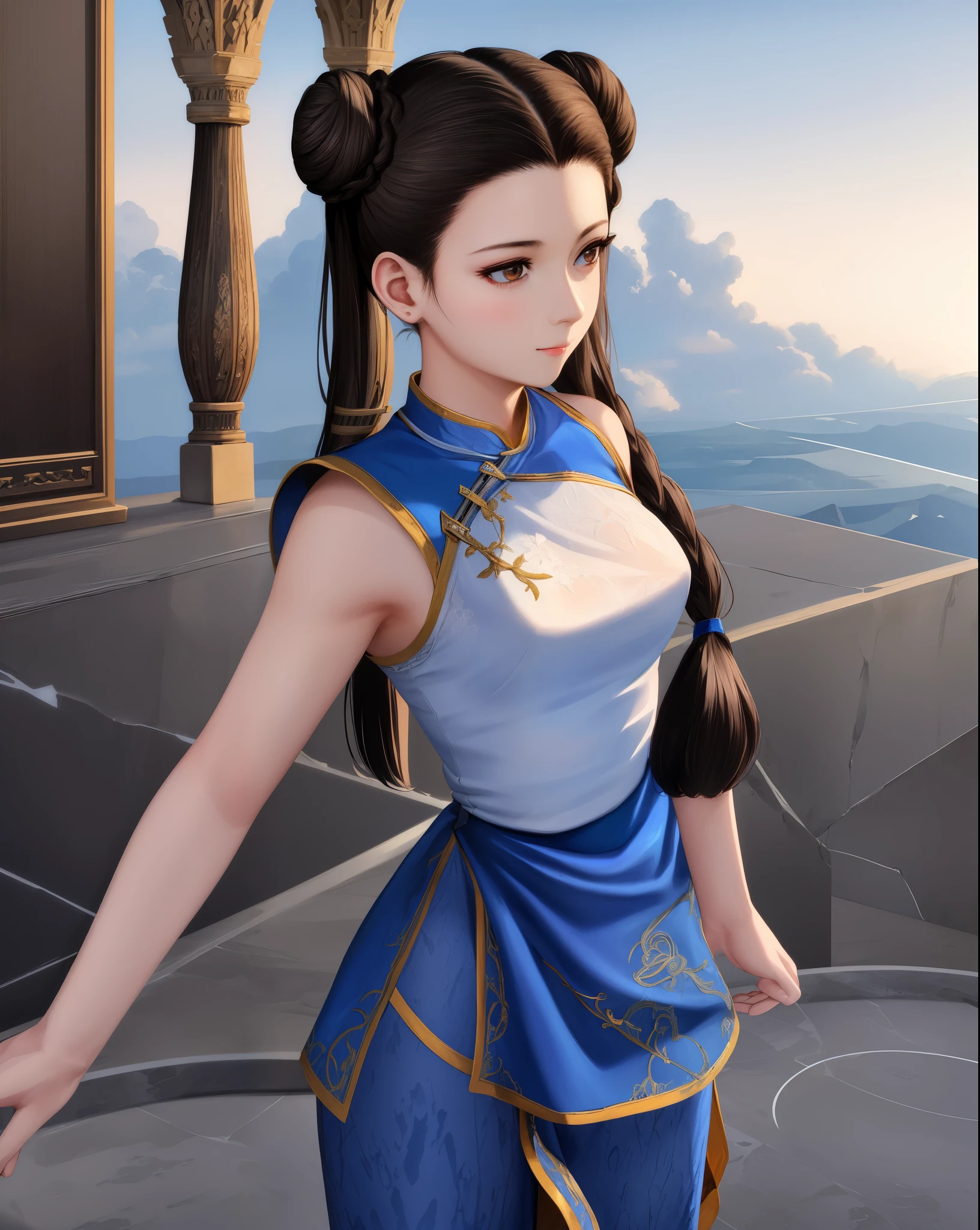 Paichang, Twin blades with blue ribbon, brown eyes, double bun,black hair,Are standing, alone , Upper body,  combat readiness, 
Paiati,White dress clothes, Red band, mini skirt、white panties、, sleeve less,
marble floor, blue sky, cloudy, evening,
(Extremely detailed, beautiful detailed face, masterpiece, highest quality)    