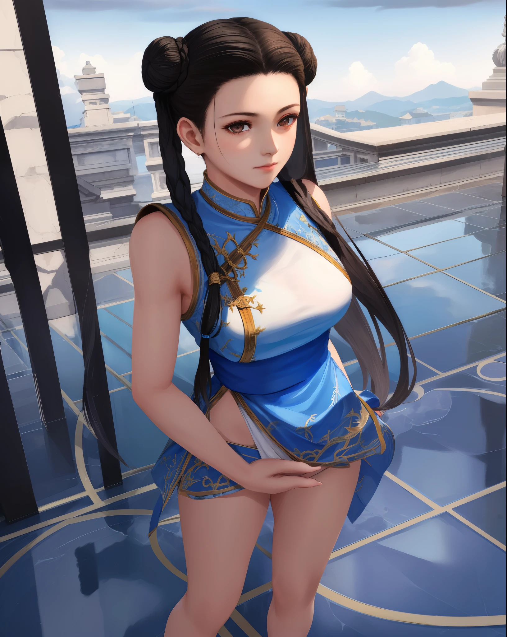 Paichang, Twin blades with blue ribbon, brown eyes, double bun,black hair,Are standing, alone , Upper body,  combat readiness, 
Paiati,White dress clothes, Red band, mini skirt、white panties、, sleeve less,
marble floor, blue sky, cloudy, evening,
(Extremely detailed, beautiful detailed face, masterpiece, highest quality)    