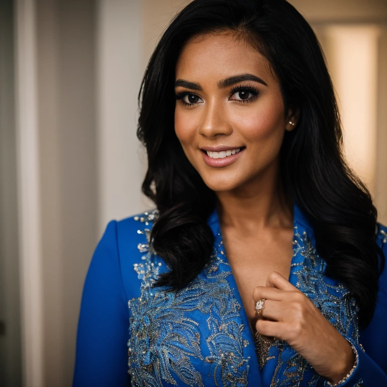 best quality,4k,8k,highres,masterpiece:1.2),ultra-detailed,(realistic,photorealistic,photo-realistic:1.37),srilankan 25 year old girl, with attractive facial features,beautiful detailed eyes,beautiful detailed lips,extremely detailed eyes and face,longeyelashes, fair skin tone. big breasts. is seated gracefully on a plush chair beside a round, polished table at a prestigious luxury hotel in Colombo. The woman is wearing a sophisticated evening dress, radiating confidence and poise. The background features grand chandeliers, ornate decor, and large windows offering a glimpse of Colombo's cityscape and blue sky at dusk. The ambiance exudes exclusivity and refinement, with soft lighting casting a warm glow over the scene, highlighting the woman's serene expression.