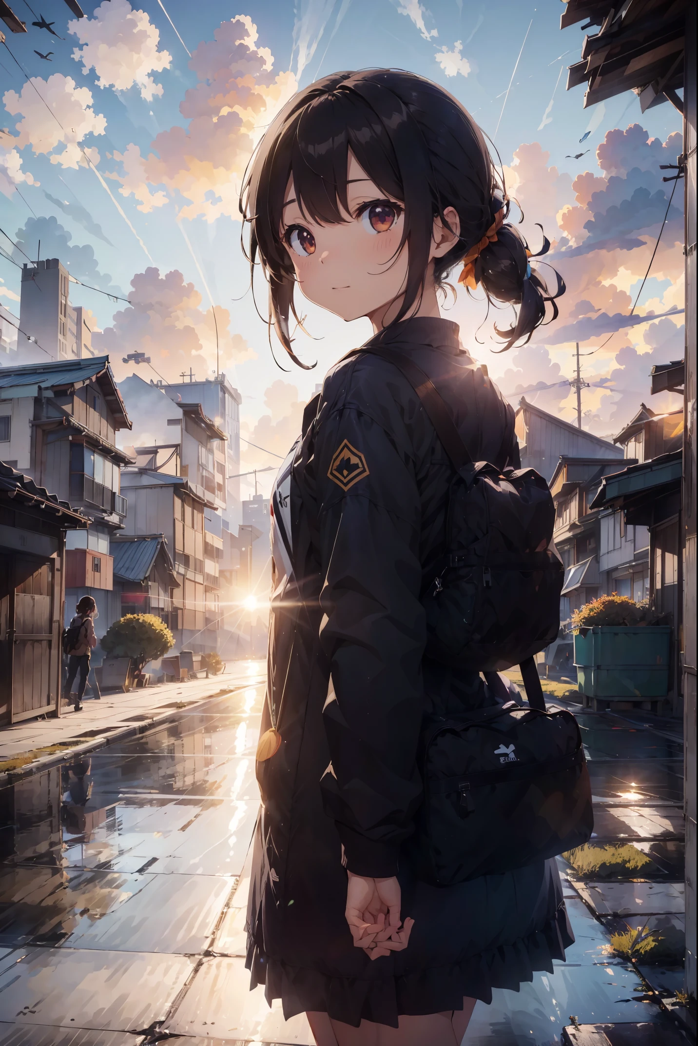 realisitic，A vast city spreads out、Rising sun over skyscraper army、The morning sun is beautiful、Horizon，composed々The sky is getting brighter、Huge autumn clouds、Vibrant colors、Girl watching from distant mountain top