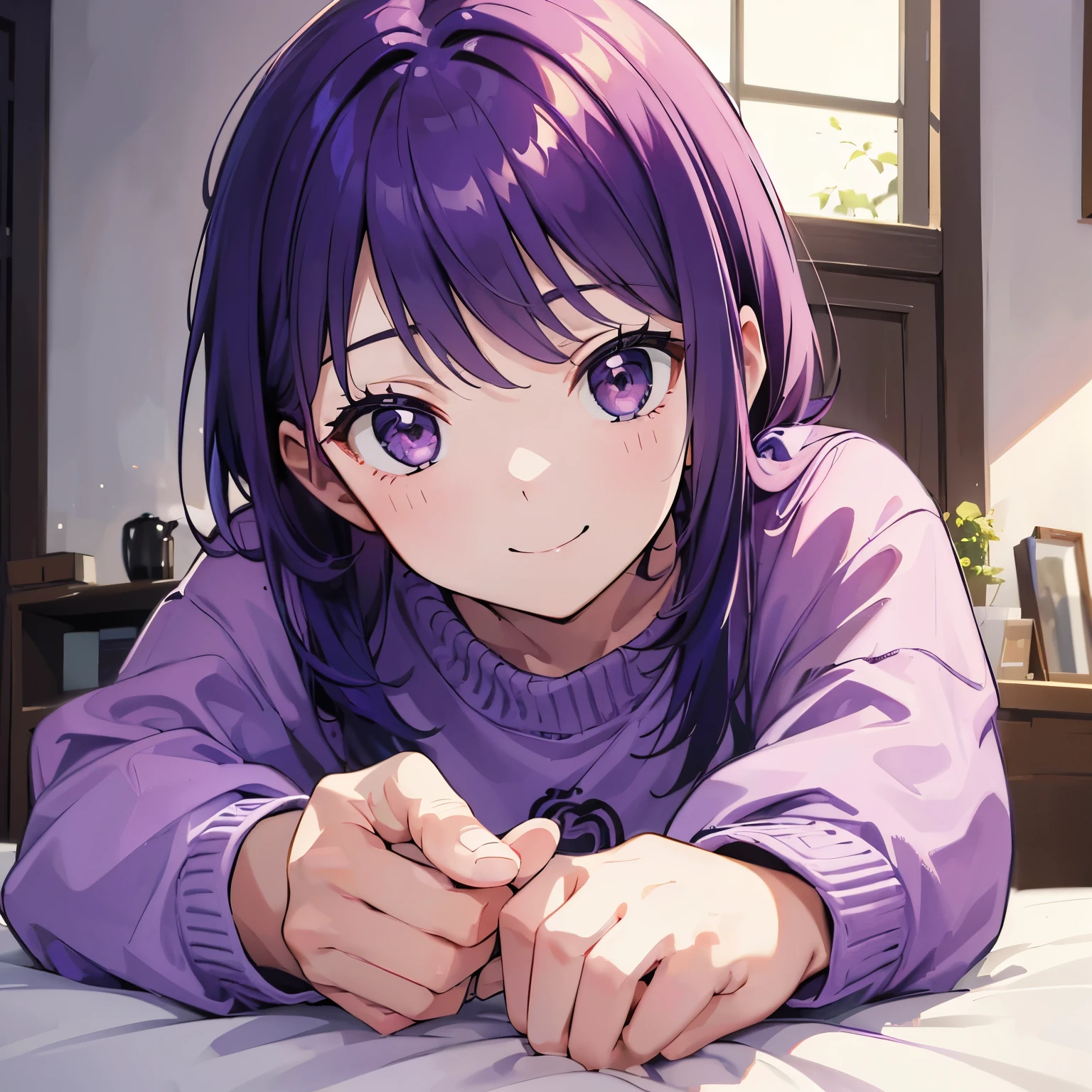 (T Masterpiece,4k wallpaper,best quality))、((girl1people))、(solo)、Brilliant,(purple hair)、(shortcut:1.3)、close up of face、smile、Bedroom、morning、sweater