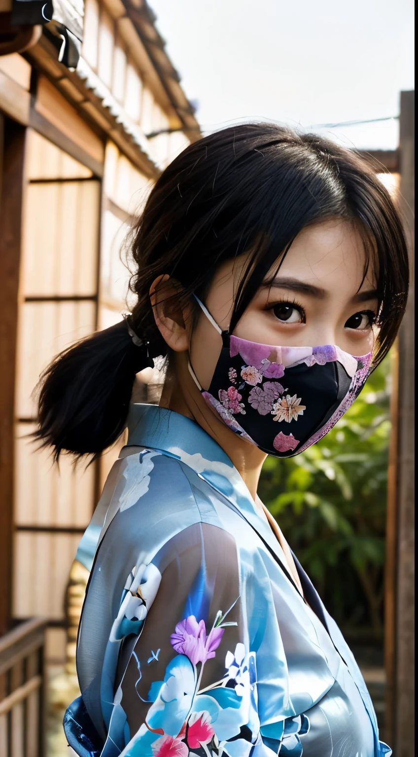 NSFW、最high quality、high quality、best image quality、8K、最High resolution、High resolution、最high quality、masterpiece、RAW photo、full body photo、realistic atmosphere、(detailed face)、(fine hands、thumb１reference４)、(beauty of japan )、very nice face、cute face、((beautiful japanese girl))、(japanese woman), ((18 year old beautiful girl))、(glossy black hair)、(straight long hair)、(ponytail)、slim style、(shiny skin)、(Fair skin, Glossy skin)、real human skin、realistic human body structure、perfect body， perfect face， perfect hands， perfect fingers， perfect lips， perfect eyes，perfect teeth、perfect background， perfect atmosphere，professional lighting、The only national costume、japanese traditional、(kunoichi kimono)、In front of samurai residence、((Dark Shicolor see-through(floral crop top kimono、string fundoshi、mouth mask))、((Random poses with movement))、((angle from random angle))